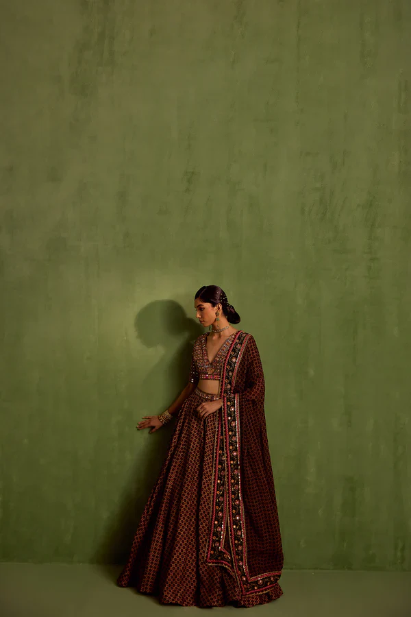 Black Viscose Raw Silk Print Butti V Neck Miniature Lehenga Set - Image 5