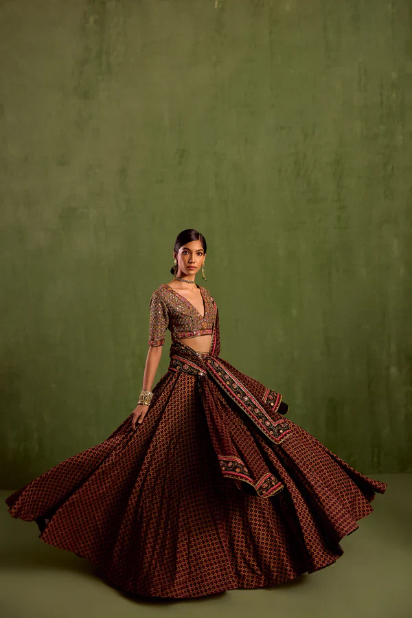 Black Viscose Raw Silk Print Butti V Neck Miniature Lehenga Set - Image 6