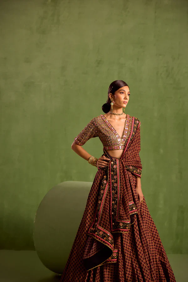 Black Viscose Raw Silk Print Butti V Neck Miniature Lehenga Set - Image 7