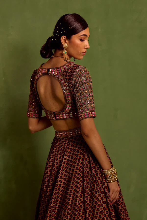 Black Viscose Raw Silk Print Butti V Neck Miniature Lehenga Set - Image 8