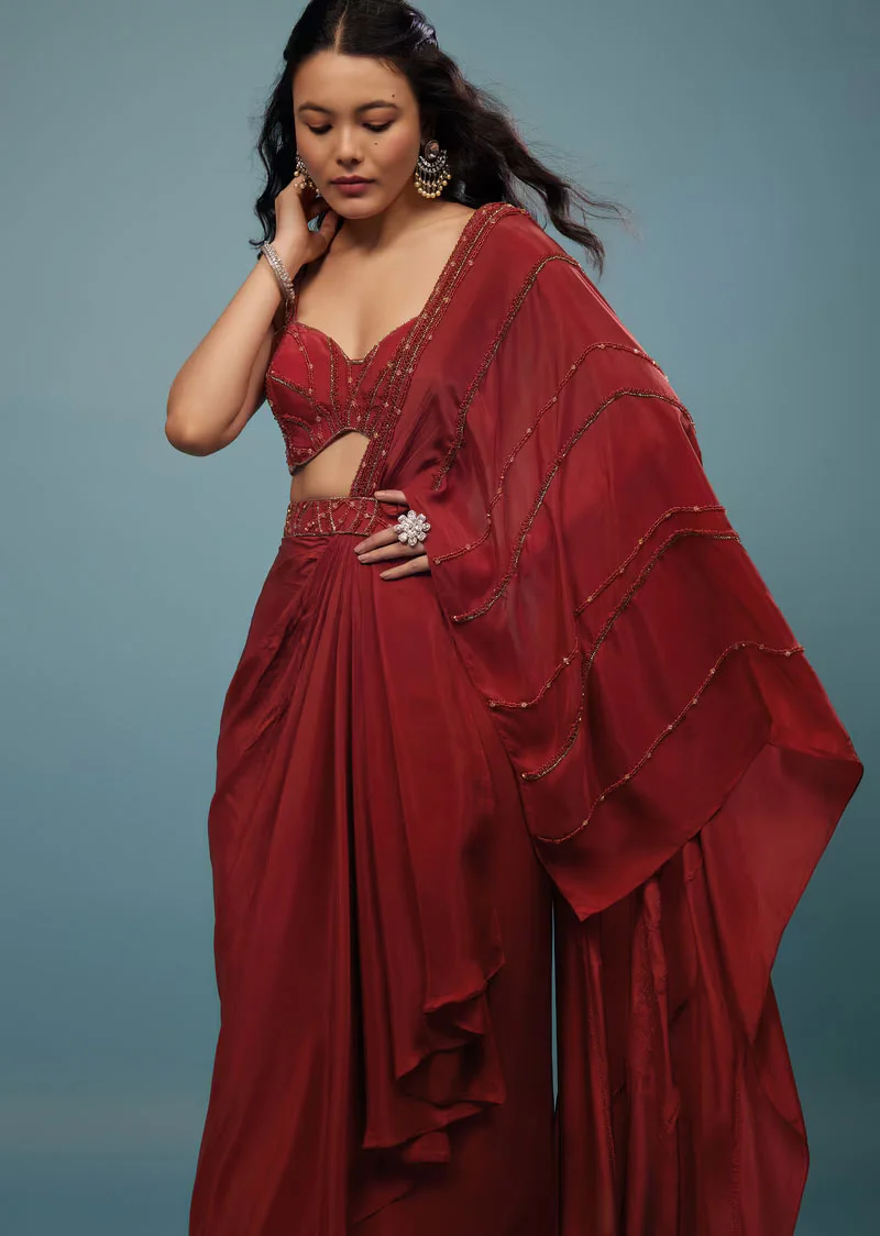 Blood Red Ready-Pleated Embroidered Saree - Image 3