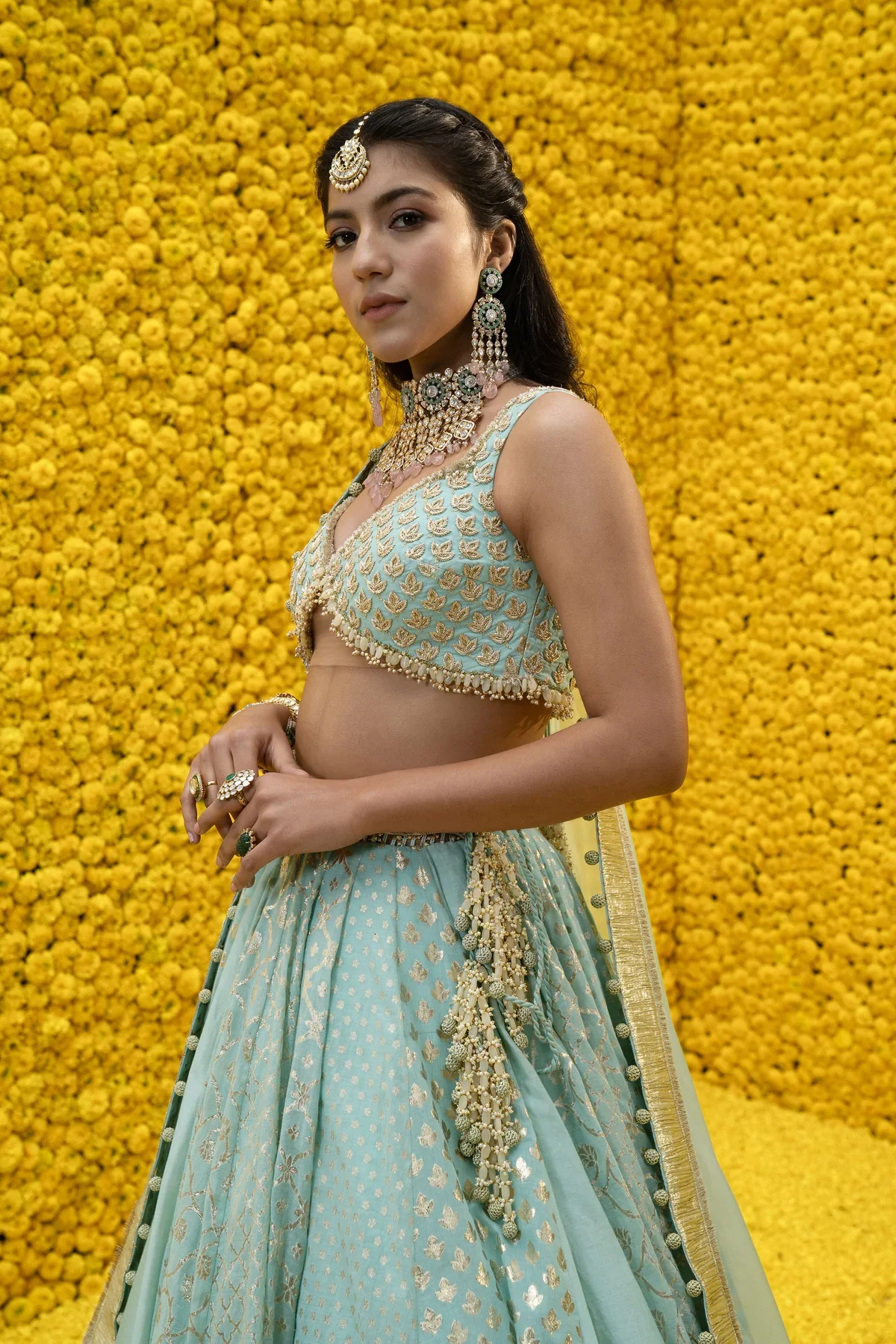 Blue Aashna Banarasi Chanderi Lehenga Set - Image 3
