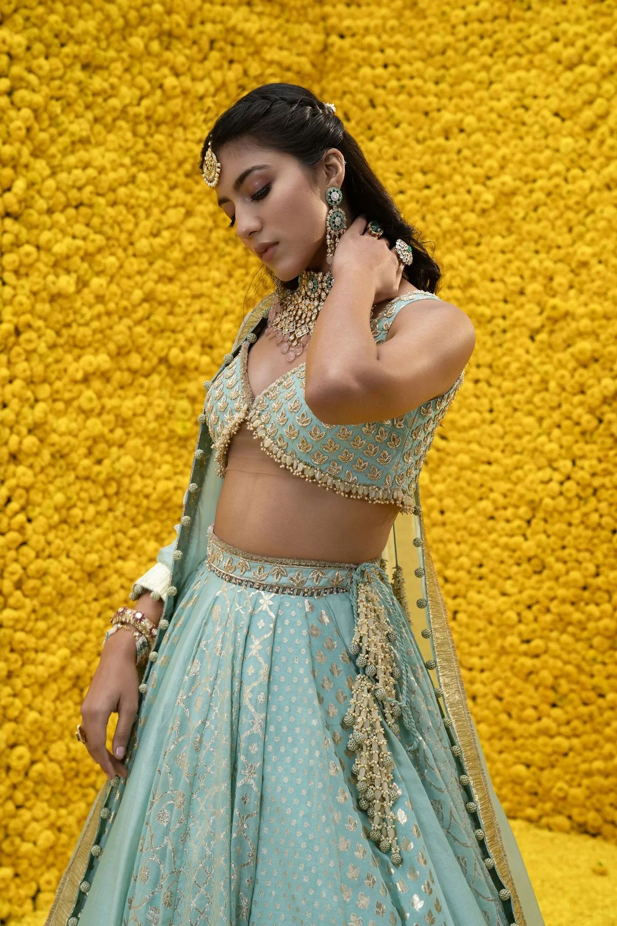 Blue Aashna Banarasi Chanderi Lehenga Set - Image 4