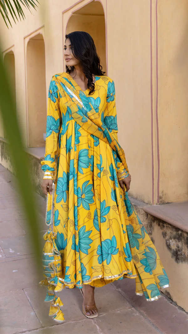 Blue Carnation Muslin Anarkali Set - Image 5