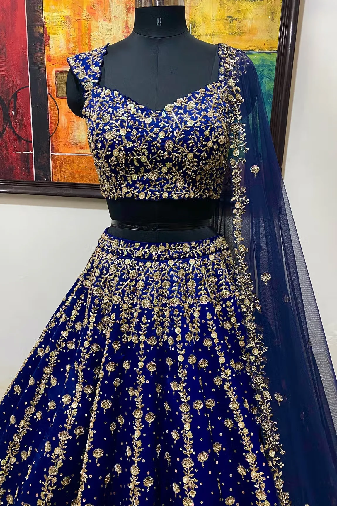 Navy Blue Chroma Silk Lehenga Set - Image 2