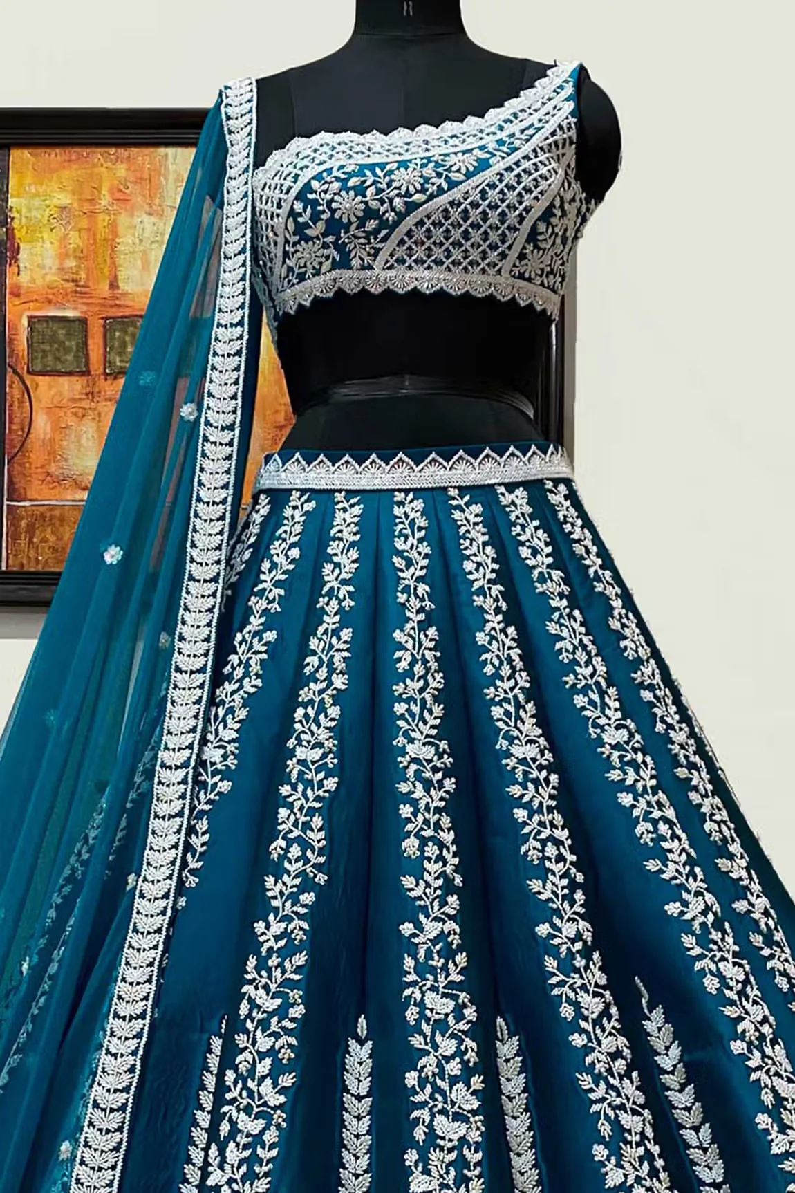 Blue Chroma Silk Lehenga Set - Image 3
