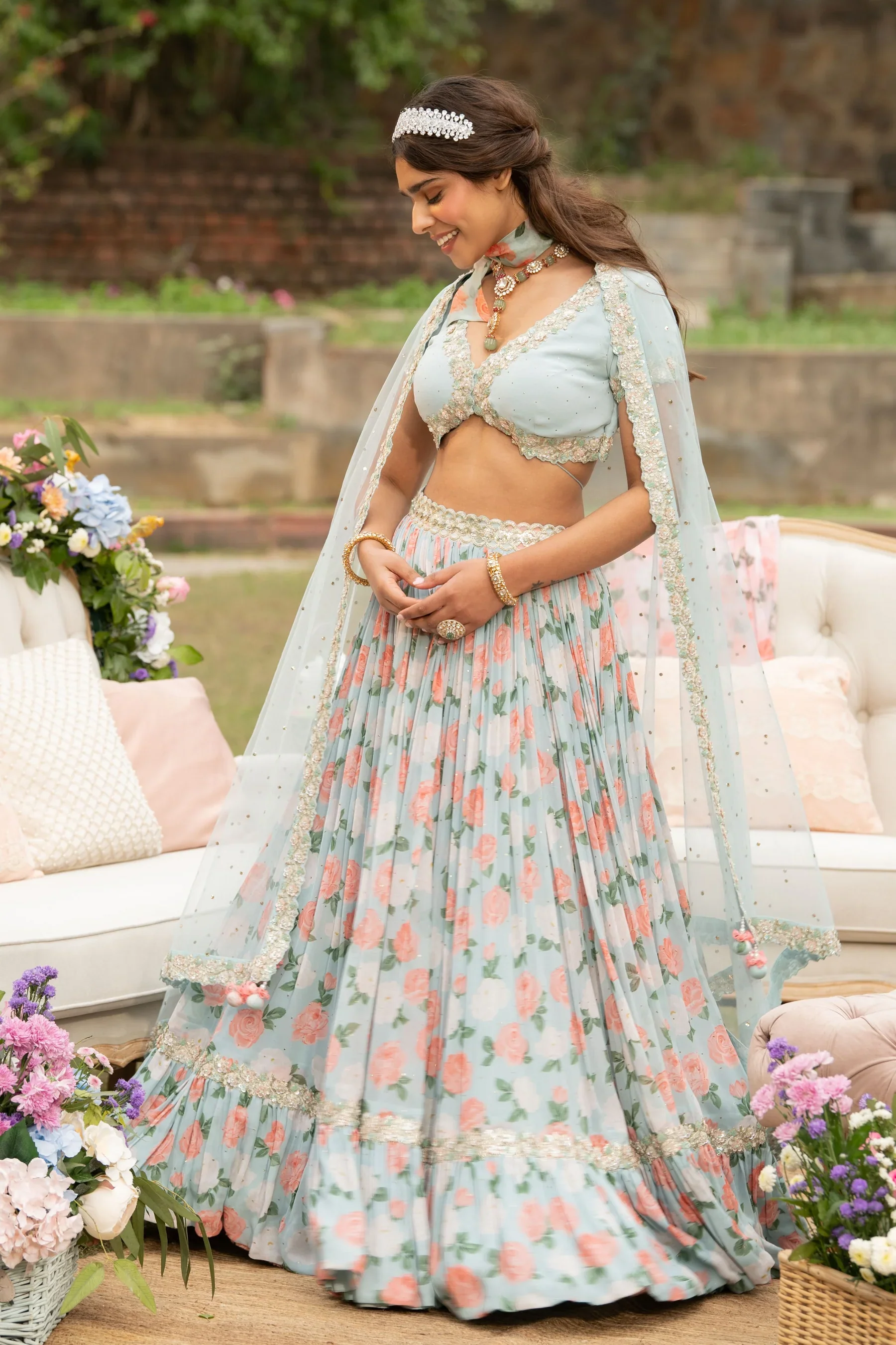 Blue Citrus Rose Lehenga
