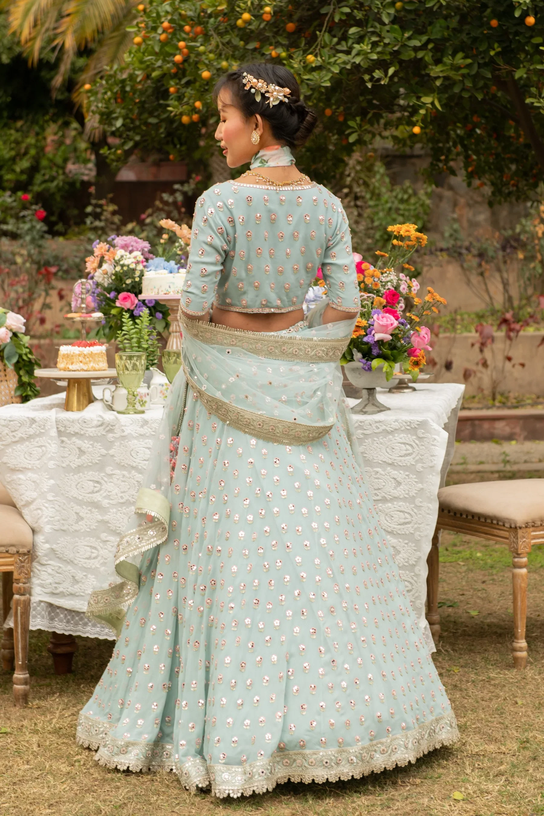 Blue Citrus Rose Mirror Lehenga - Image 3