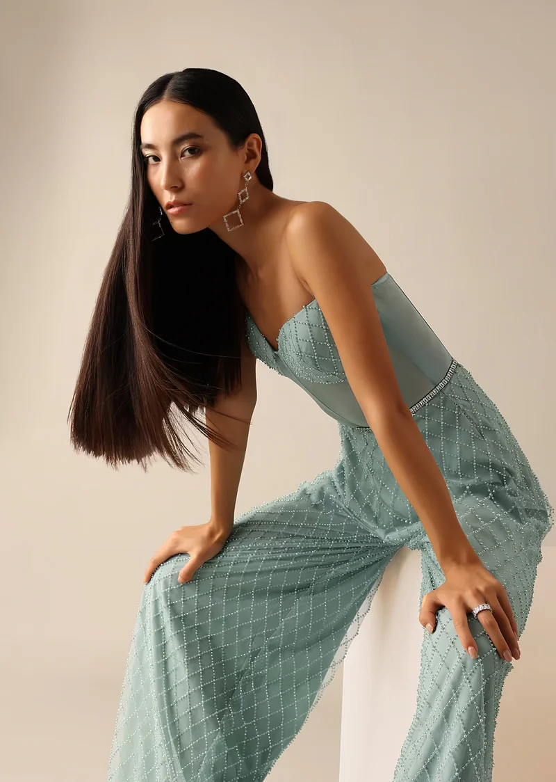 Blue Corset Style Sequin Jumpsuit - Image 7