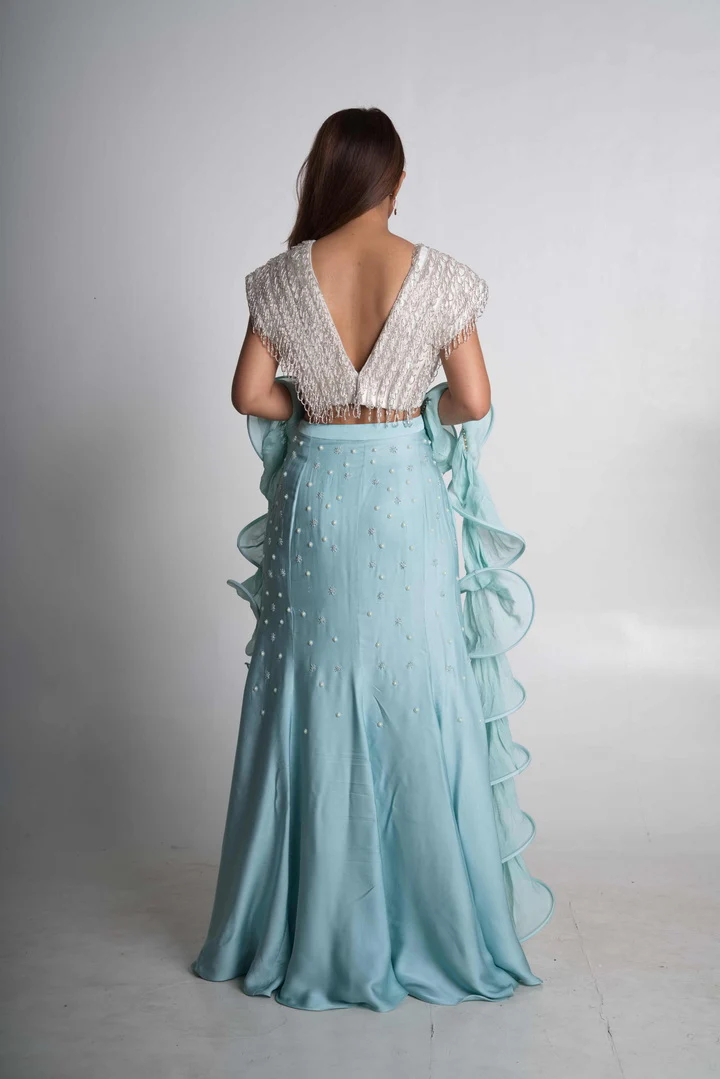 Blue Crepe Fish-Cut Lehenga Set - Image 2