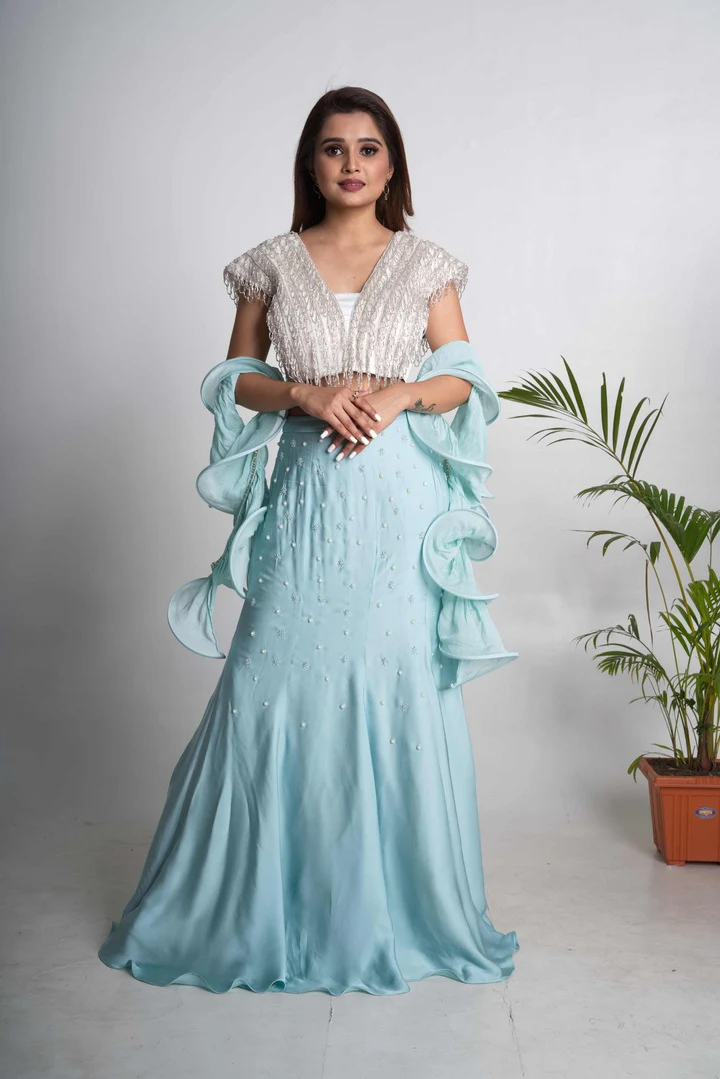 Blue Crepe Fish-Cut Lehenga Set - Image 3