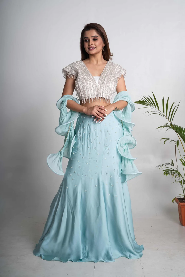 Blue Crepe Fish-Cut Lehenga Set - Image 5