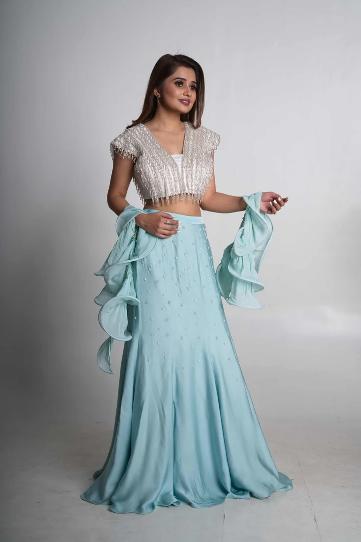 Blue Crepe Fish-Cut Lehenga Set - Image 7