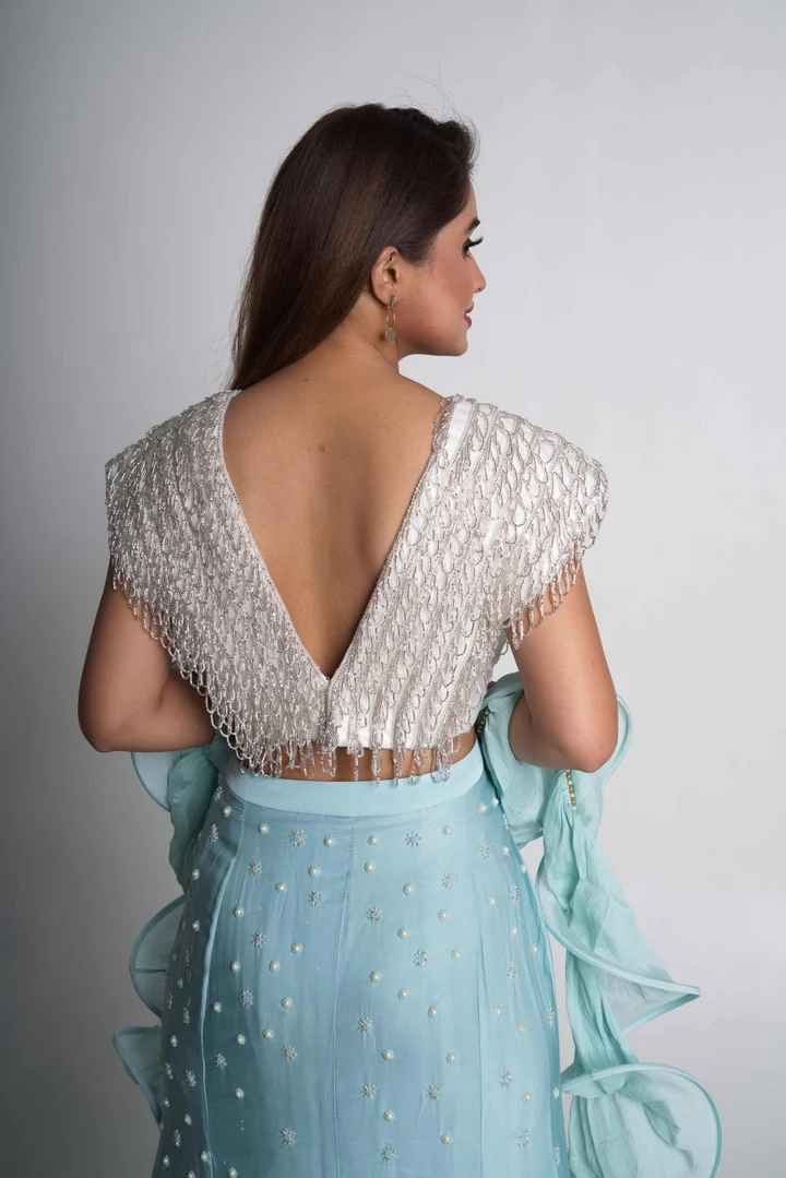 Blue Crepe Fish-Cut Lehenga Set - Image 9