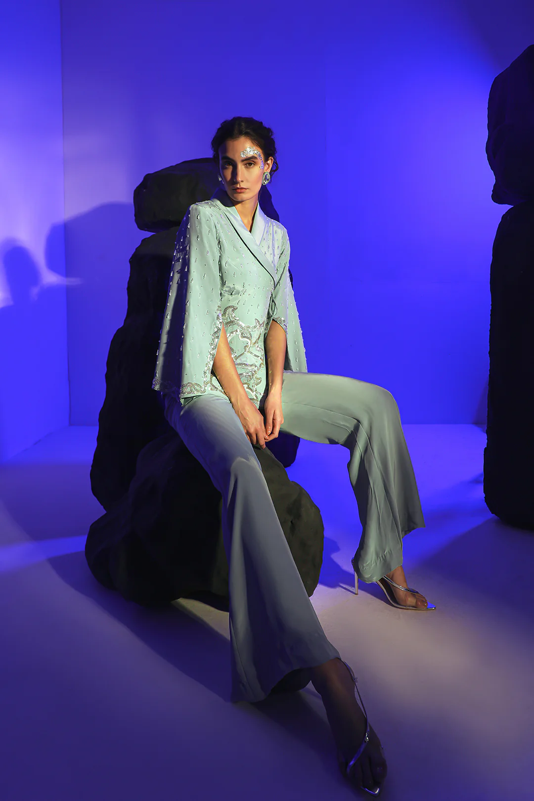 Blue Crepe Kai Hand Embroidered Jacket With Pant - Image 6