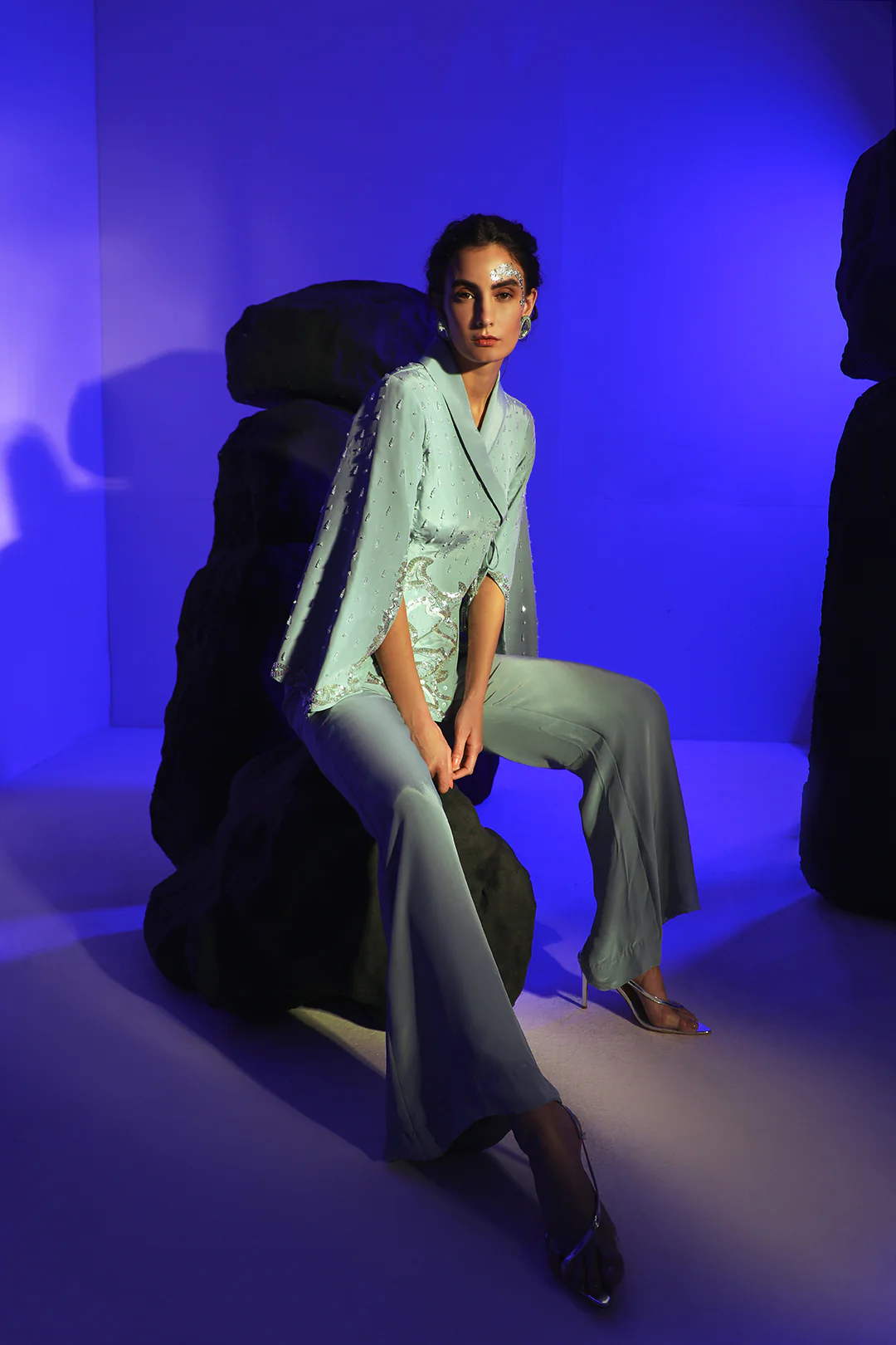 Blue Crepe Kai Hand Embroidered Jacket With Pant - Image 7