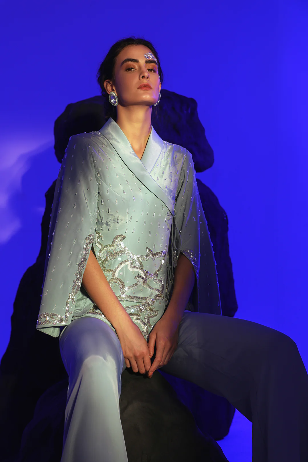 Blue Crepe Kai Hand Embroidered Jacket With Pant - Image 8