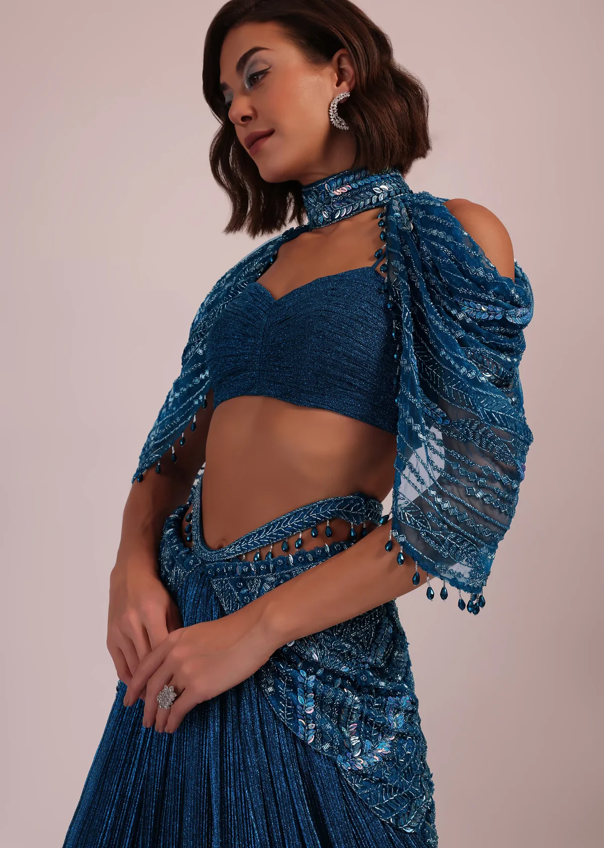 Blue Embroidered Bridal Lehenga And Blouse Set In Crushed Shimmer - Image 2