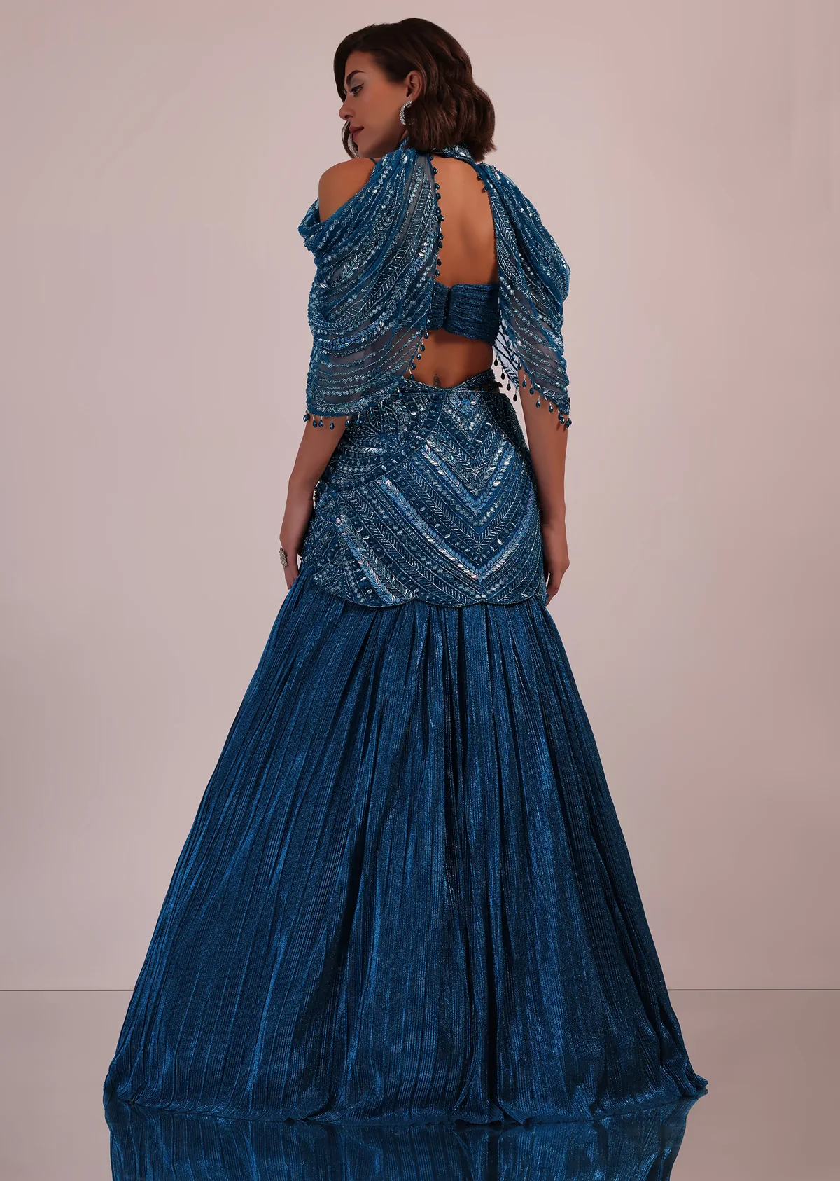 Blue Embroidered Bridal Lehenga And Blouse Set In Crushed Shimmer - Image 3