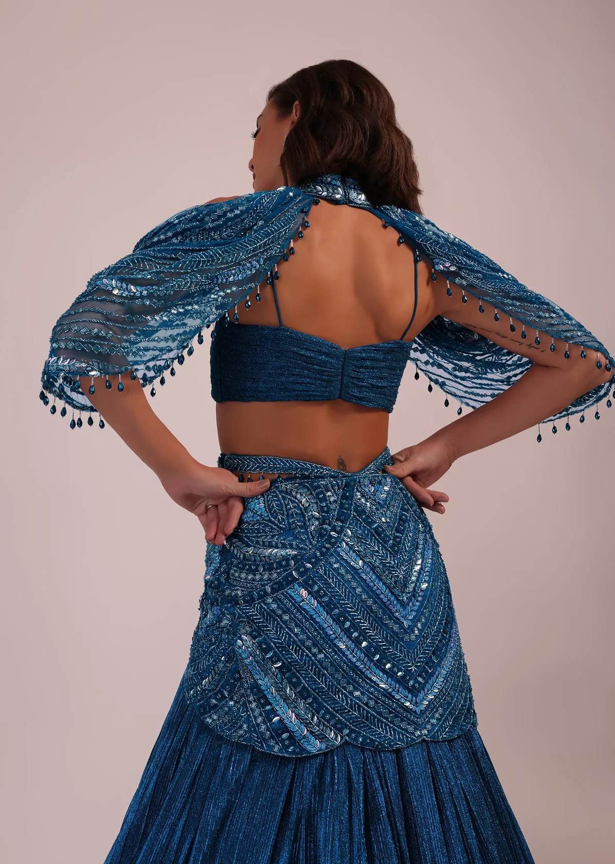 Blue Embroidered Bridal Lehenga And Blouse Set In Crushed Shimmer - Image 4