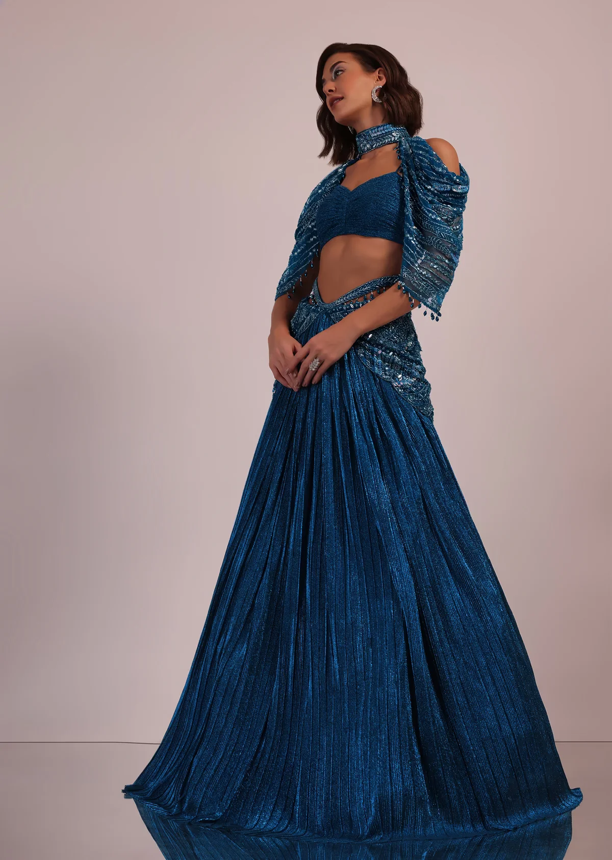Blue Embroidered Bridal Lehenga And Blouse Set In Crushed Shimmer - Image 5