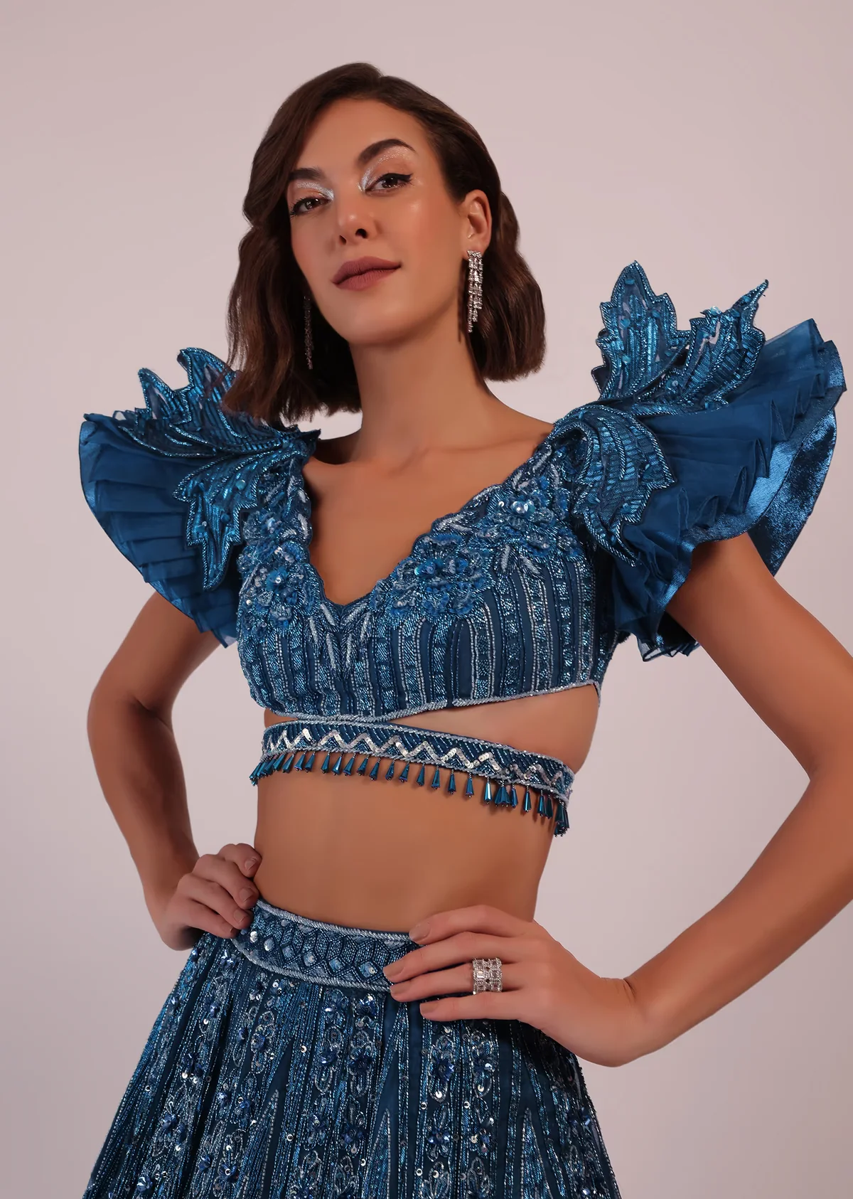 Blue Embroidered Bridal Lehenga Set With Pleated Sleeves - Image 2