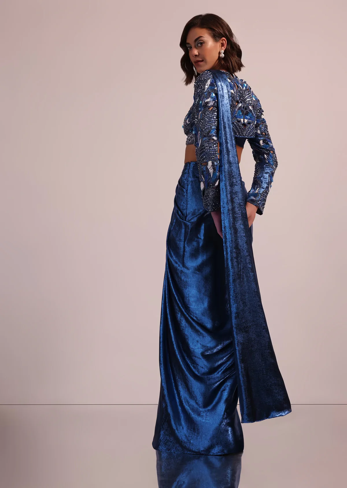 Blue Embroidered Drape Skirt And Blouse Set With Jacket In Polyester - Image 5