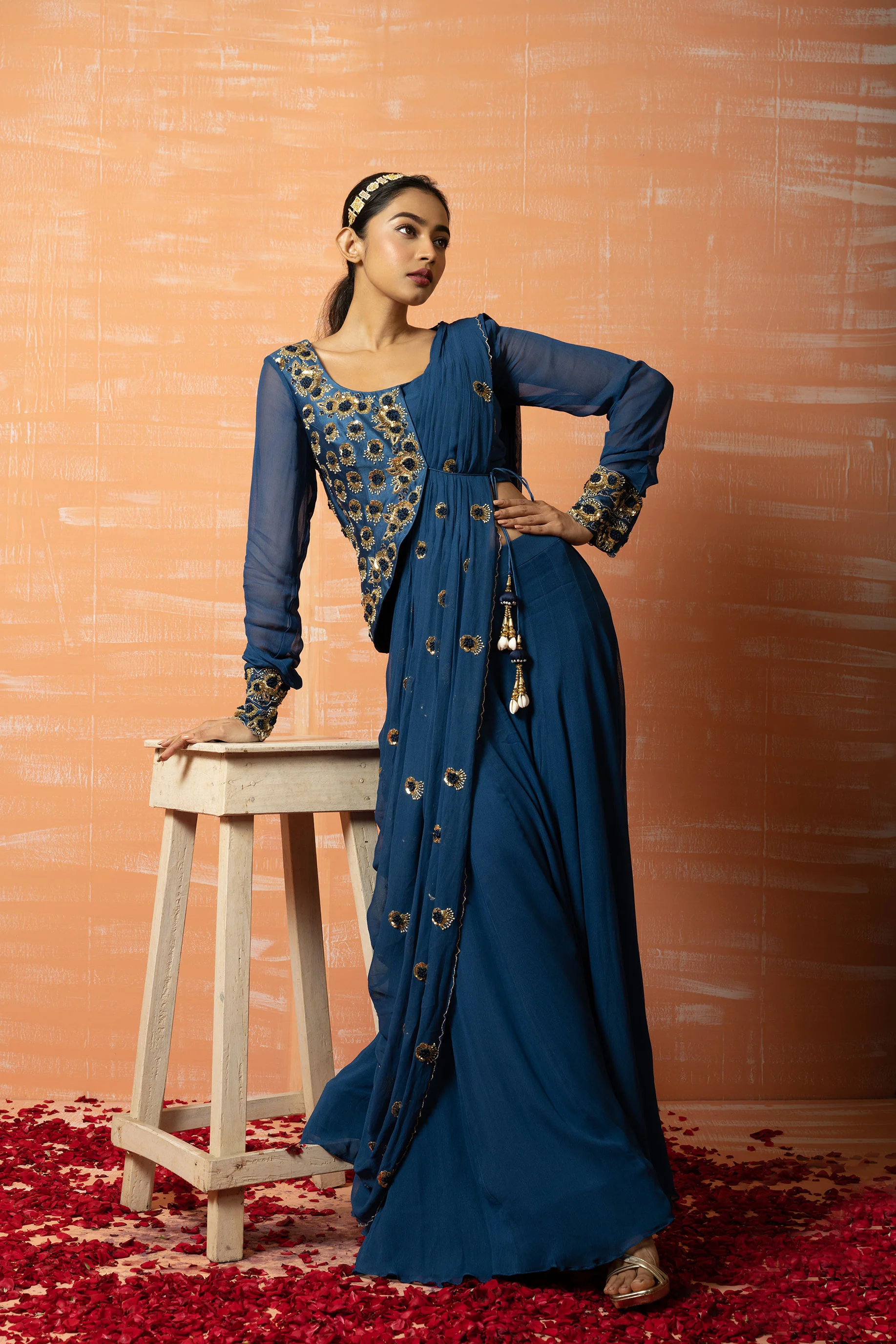 Blue Embroidered Draped Sharara Saree Set