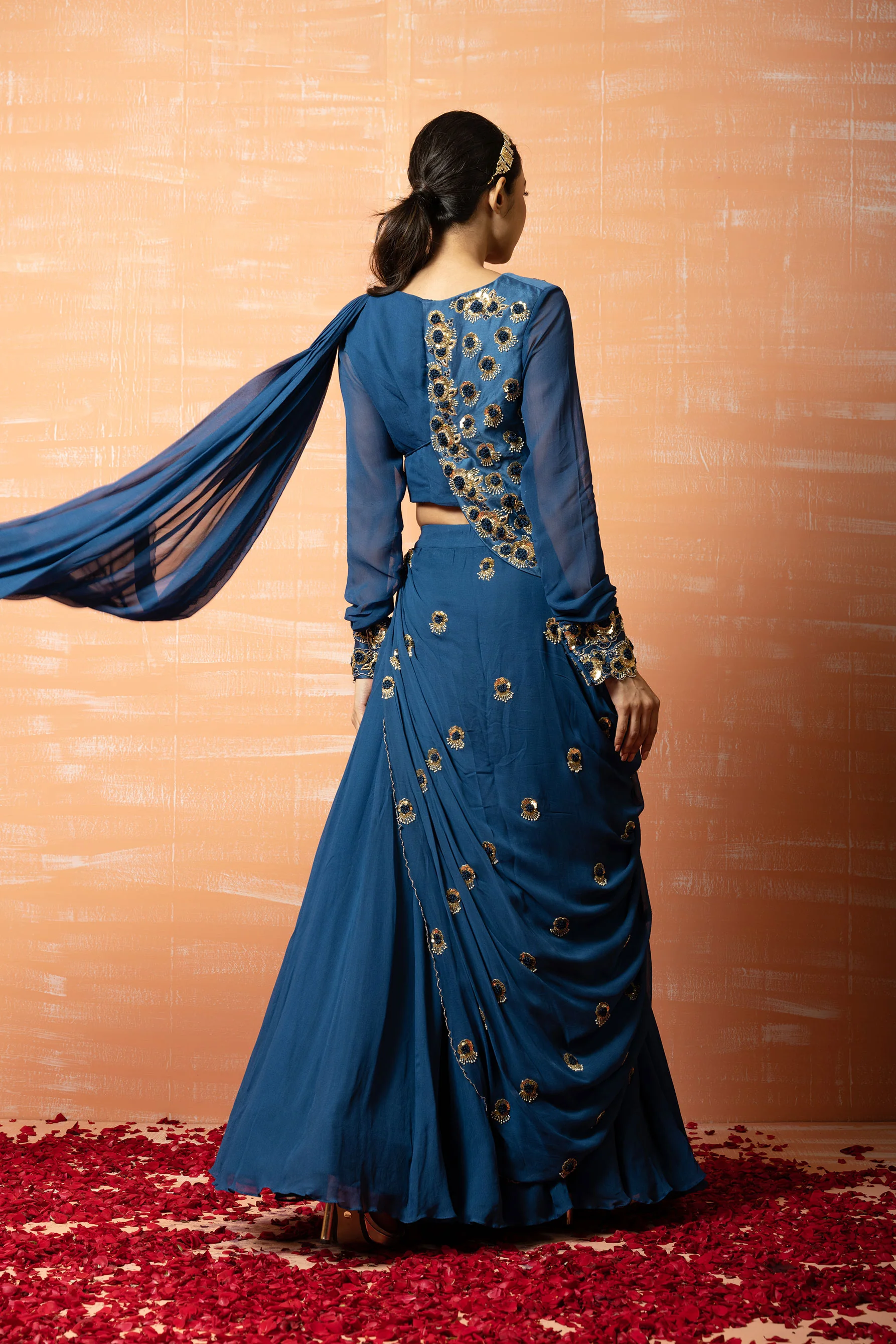 Blue Embroidered Draped Sharara Saree Set - Image 2