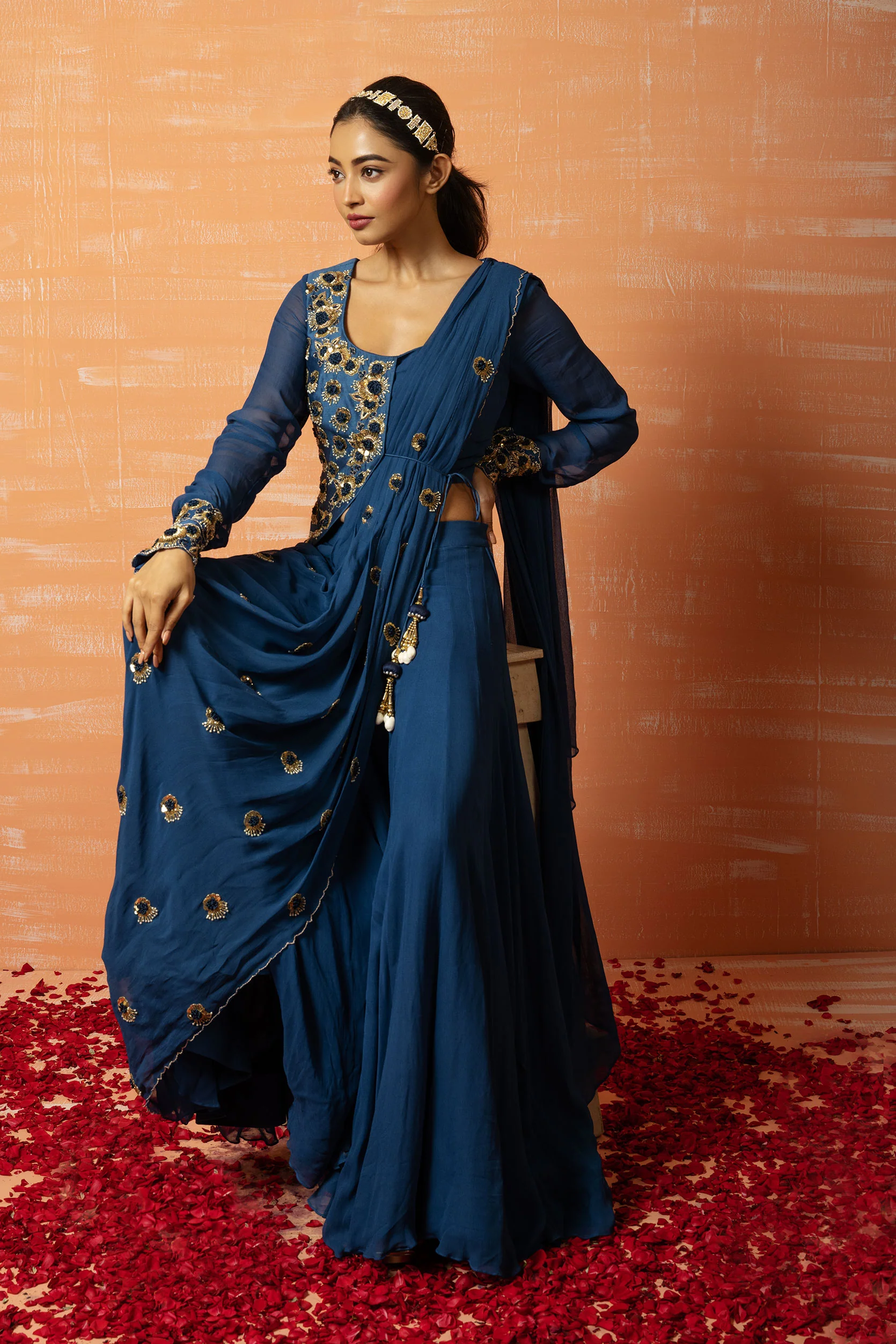 Blue Embroidered Draped Sharara Saree Set - Image 3