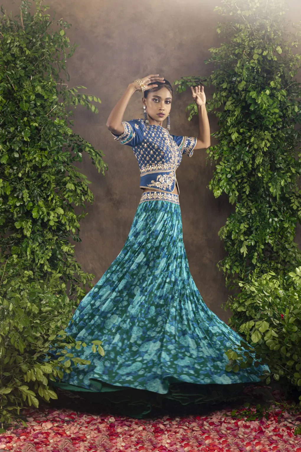 Blue Floral Print Georgette Lehnga Set With Long Blouse - Image 2