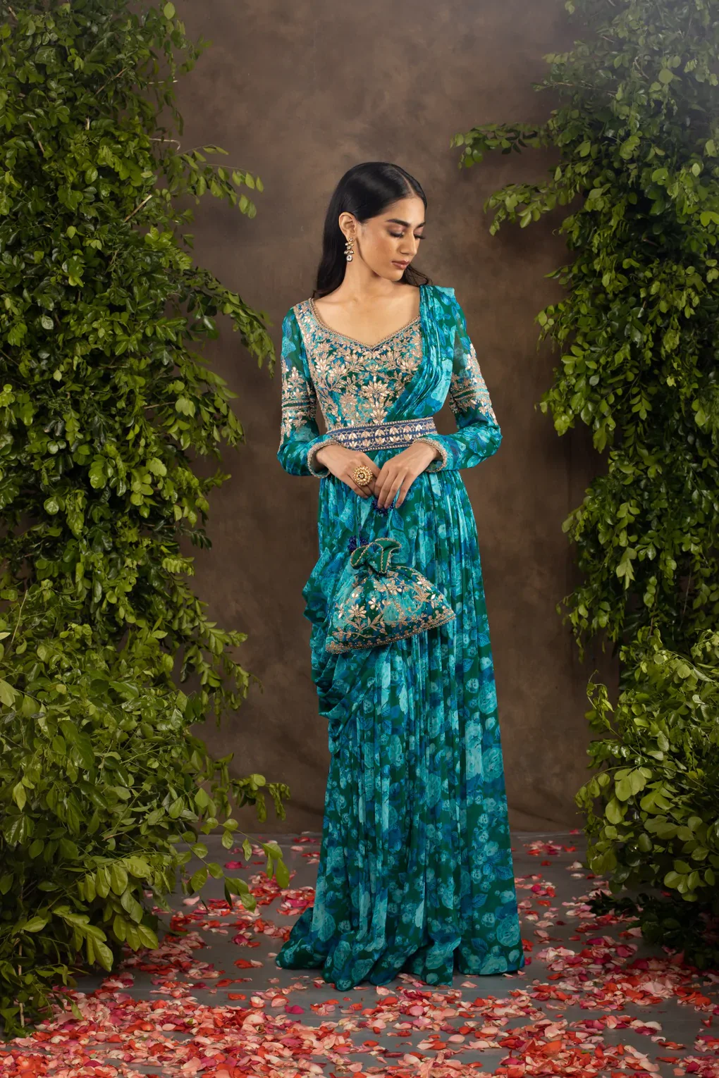 Blue Floral Printed Georgette Anarkali Set - Image 2