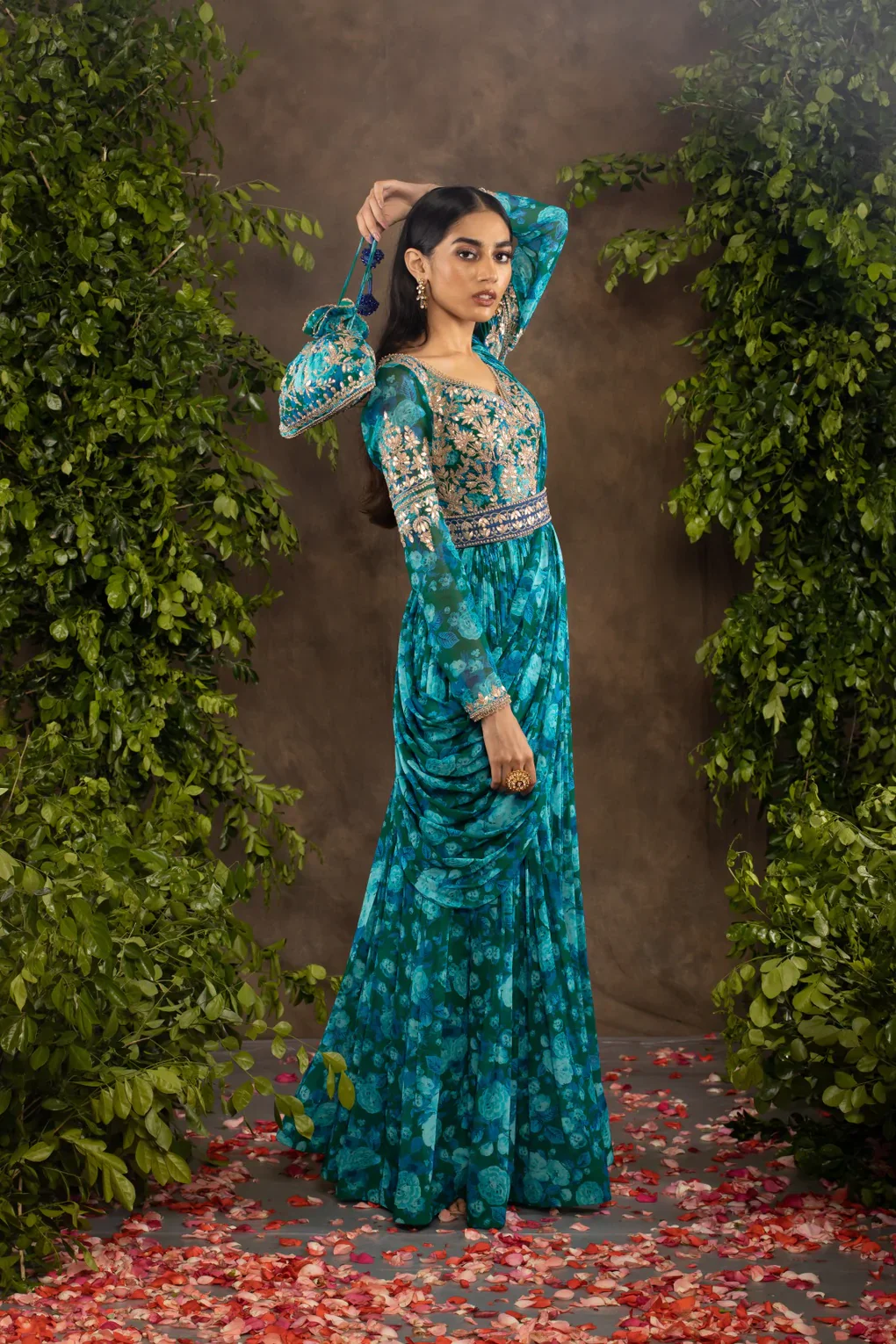 Blue Floral Printed Georgette Anarkali Set - Image 4