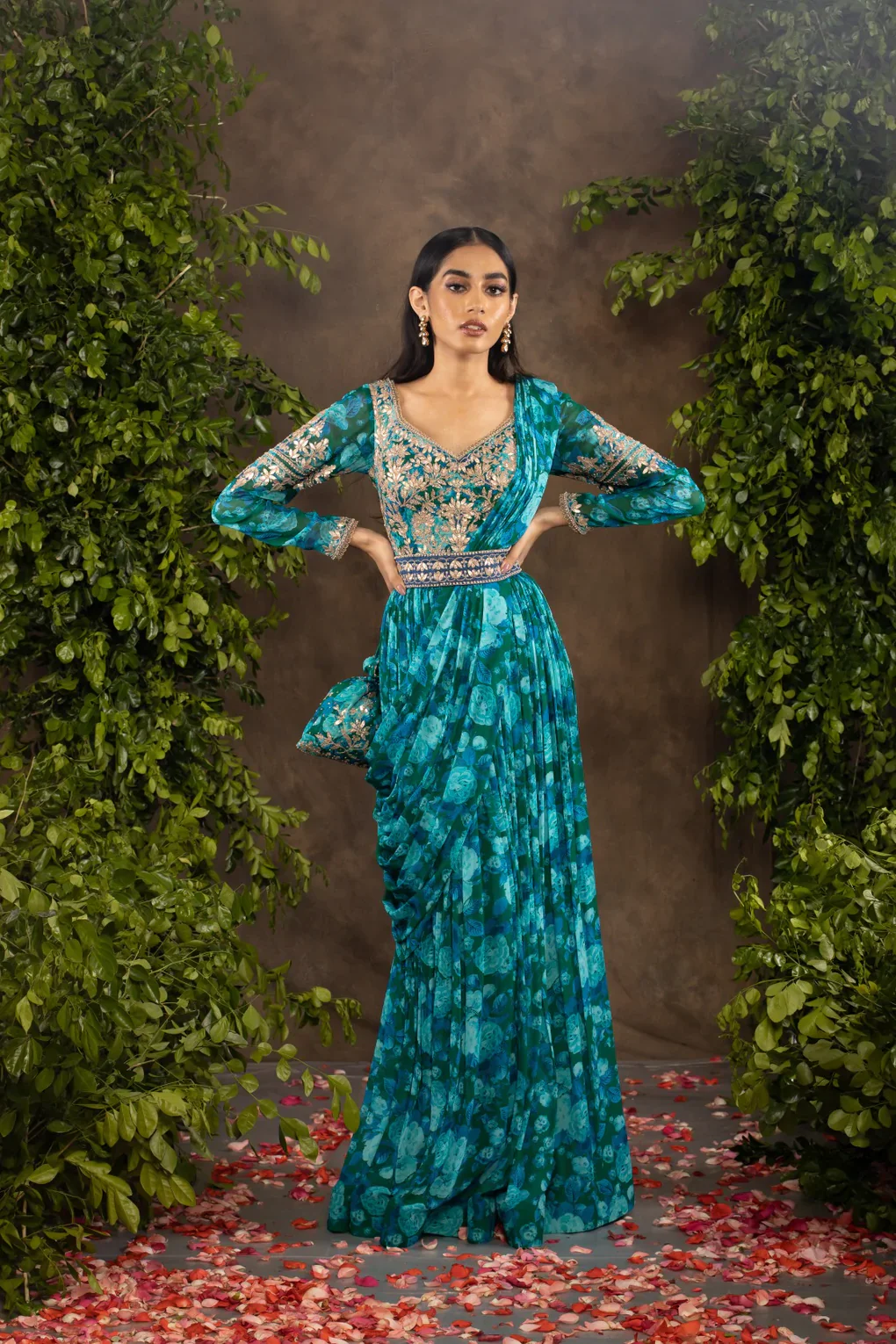 Blue Floral Printed Georgette Anarkali Set - Image 5
