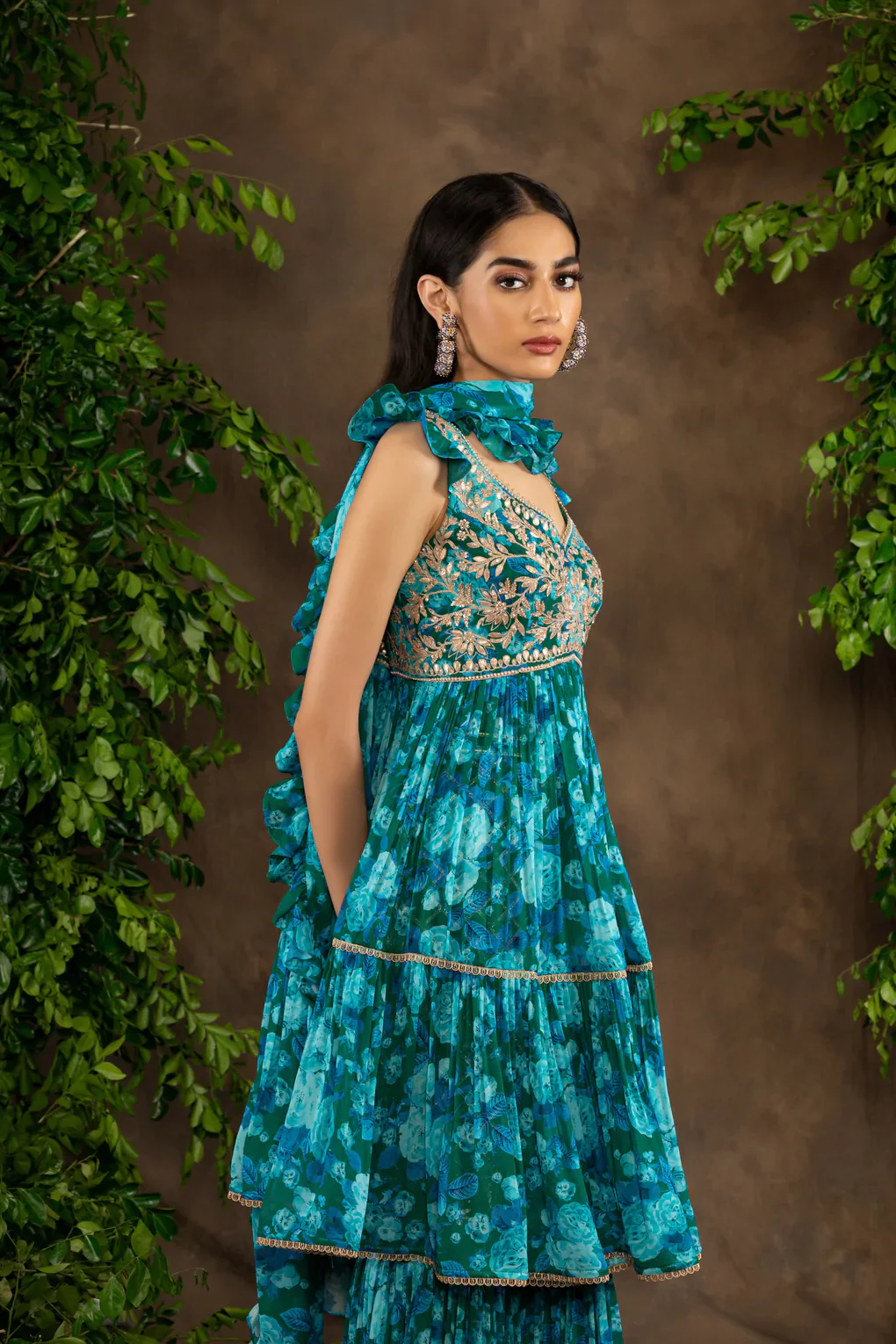 Blue Floral Printed Georgette Garara Set With Gota Patti Combined With Sequins, Pearl And Dori Work - Image 4