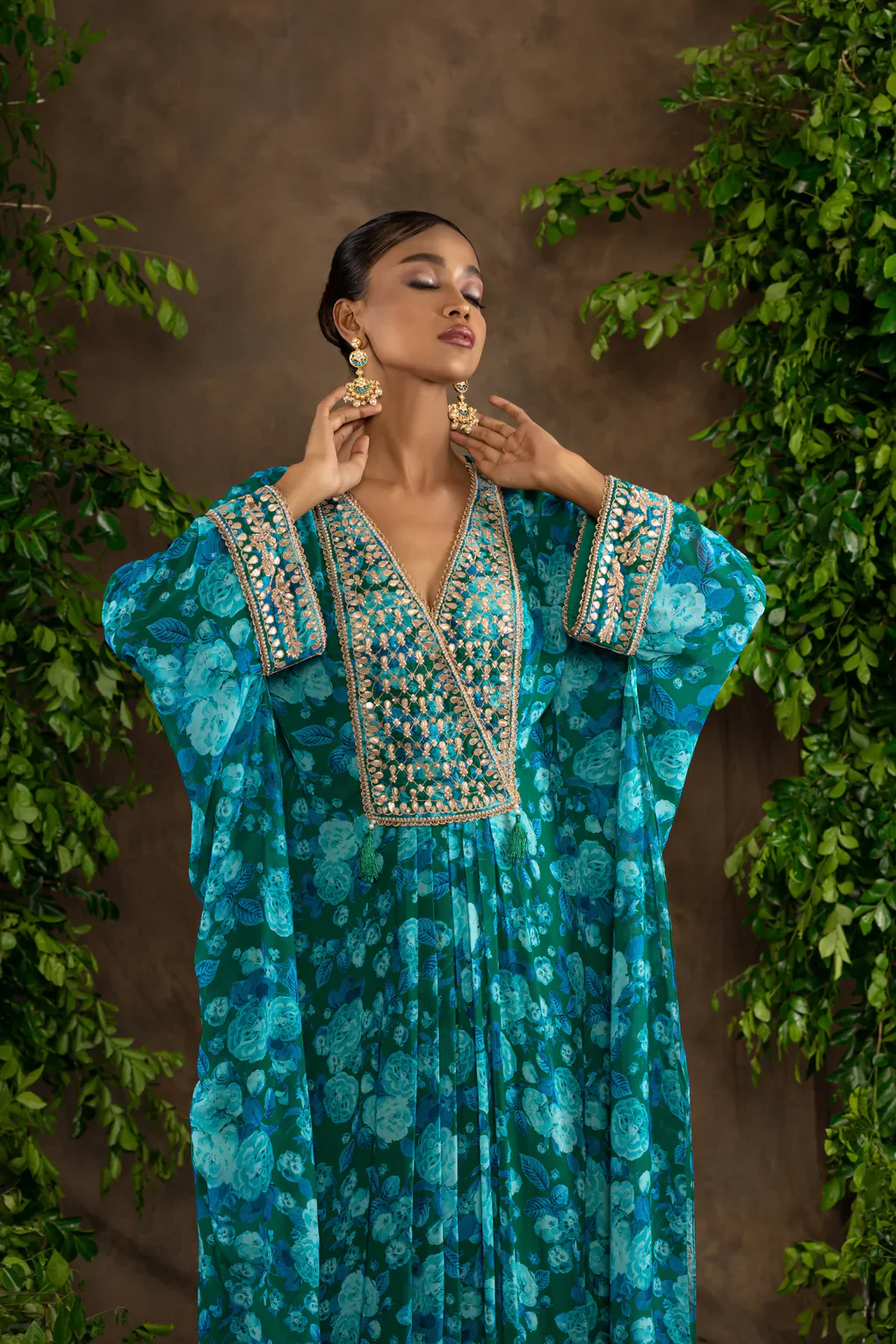 Blue Floral Printed Georgette Kaftaan - Image 3