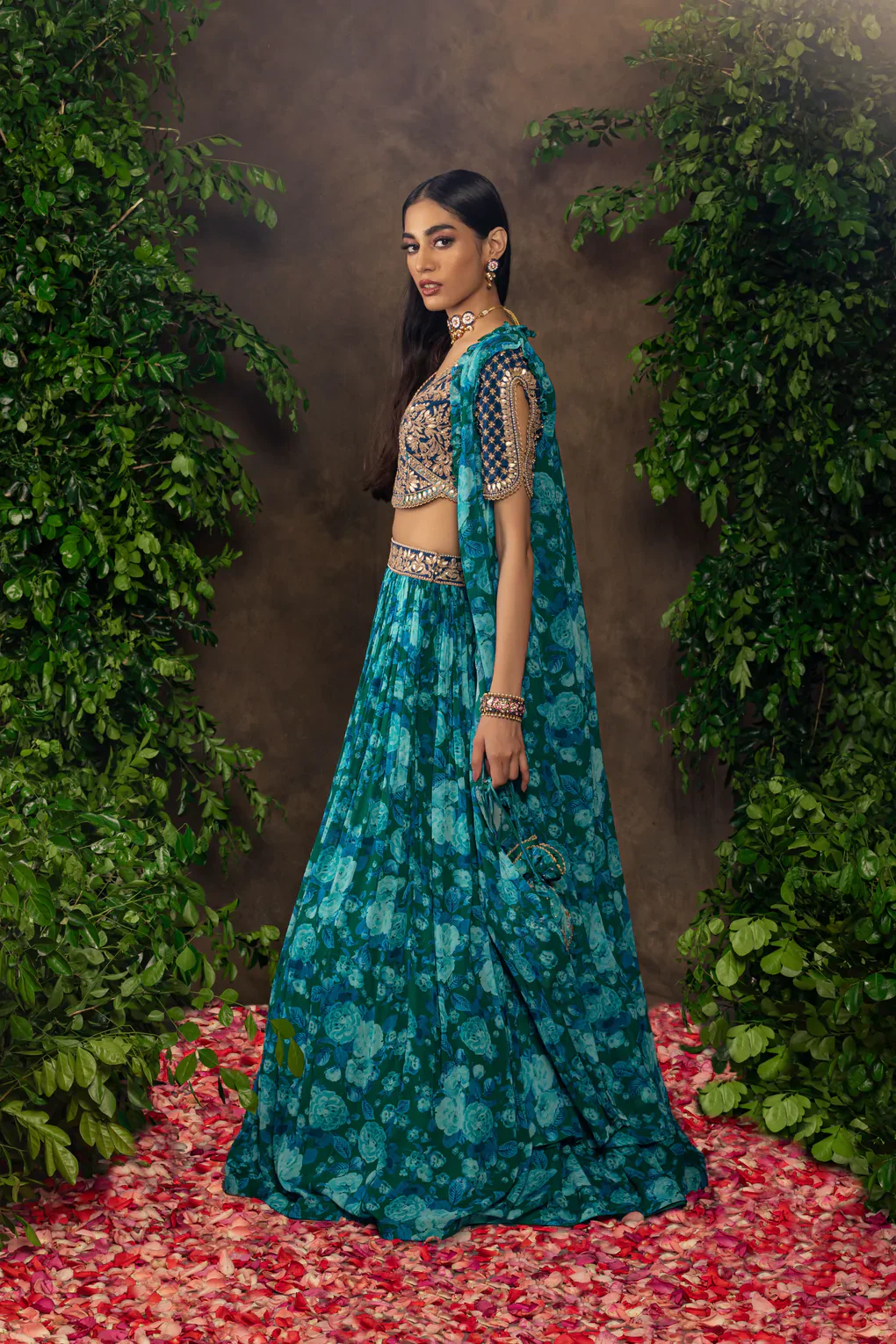 Blue Floral Printed Georgette Lehenga Set - Image 3