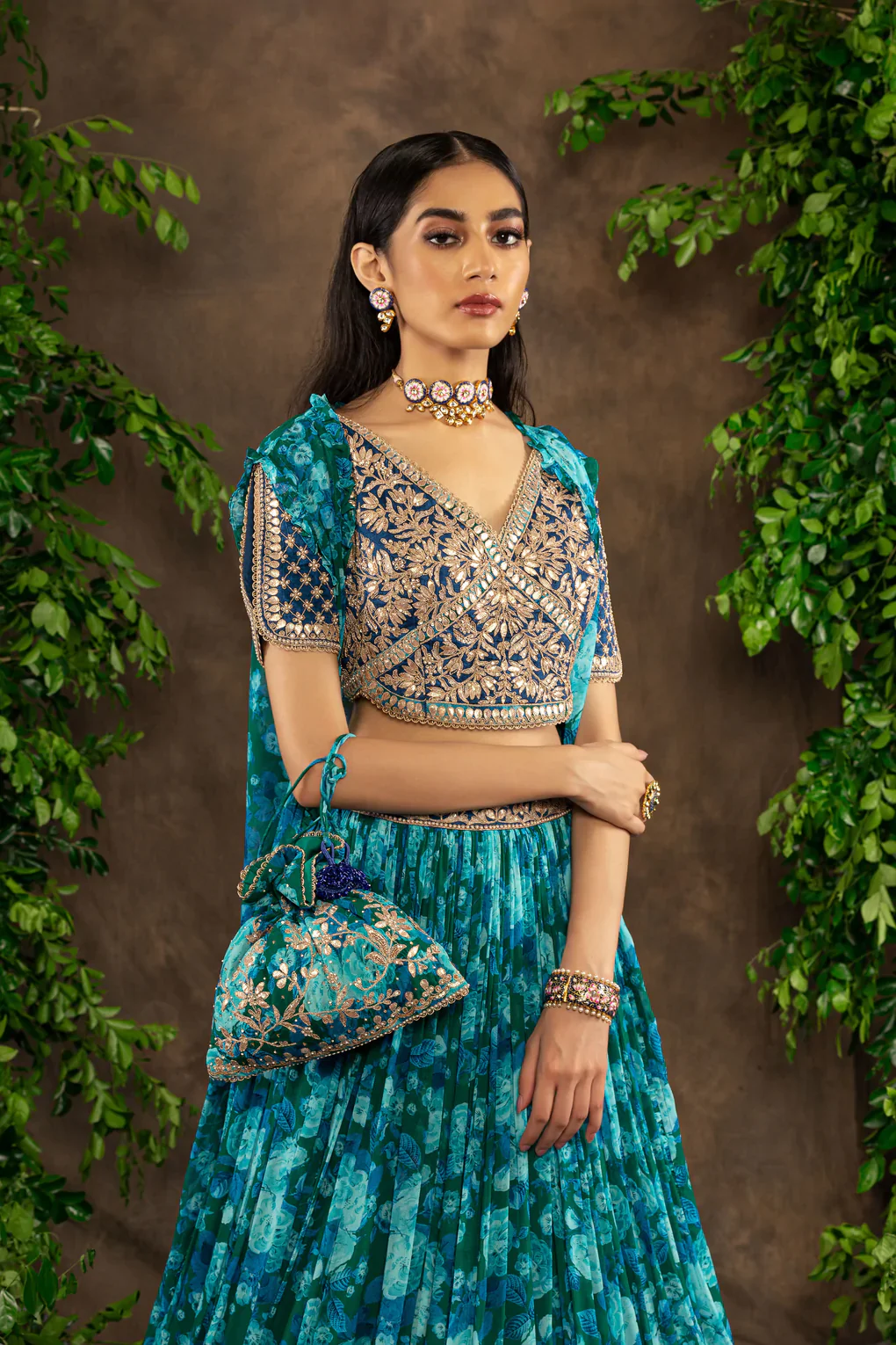 Blue Floral Printed Georgette Lehenga Set - Image 4