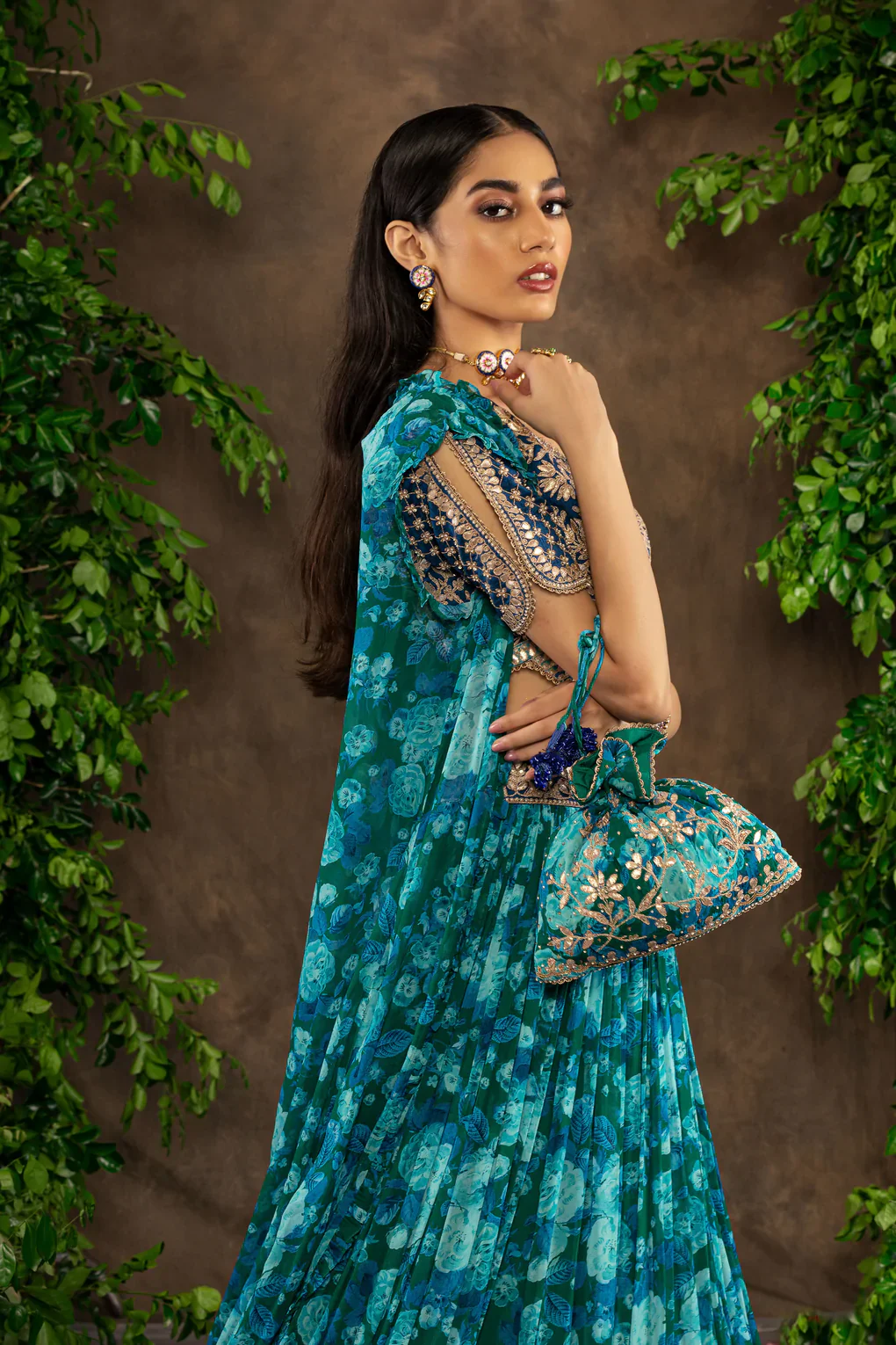 Blue Floral Printed Georgette Lehenga Set - Image 5