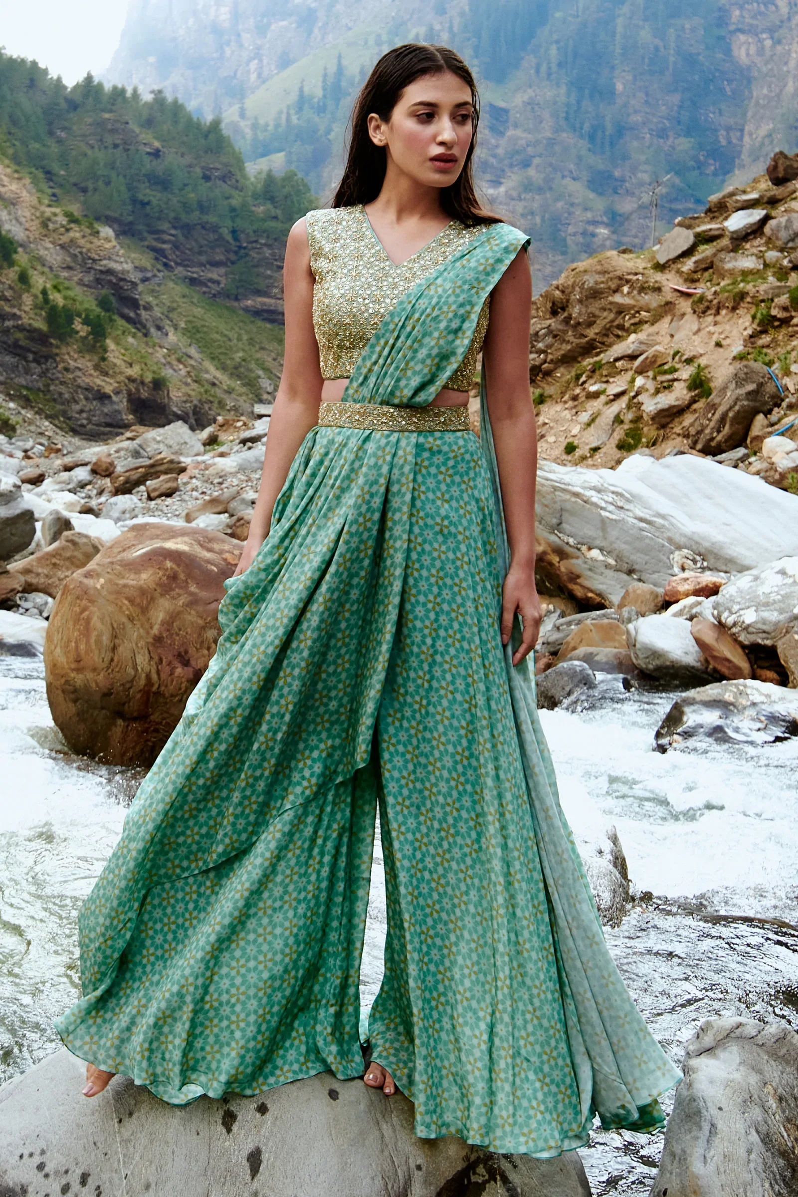 Blue Geometric Print Palazzo Saree - Image 2