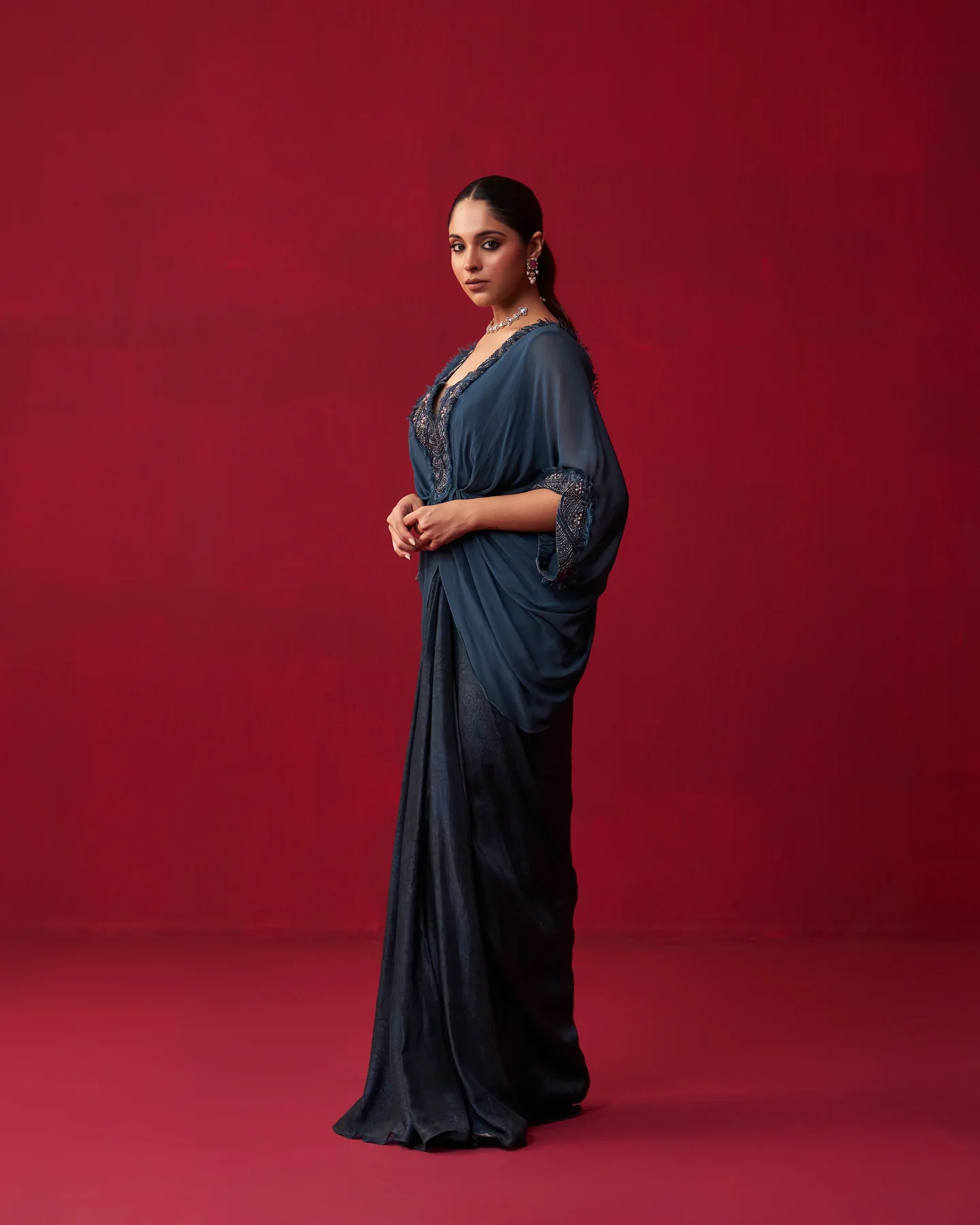 Blue Georgette Draped Top And Skirt Set - Image 6