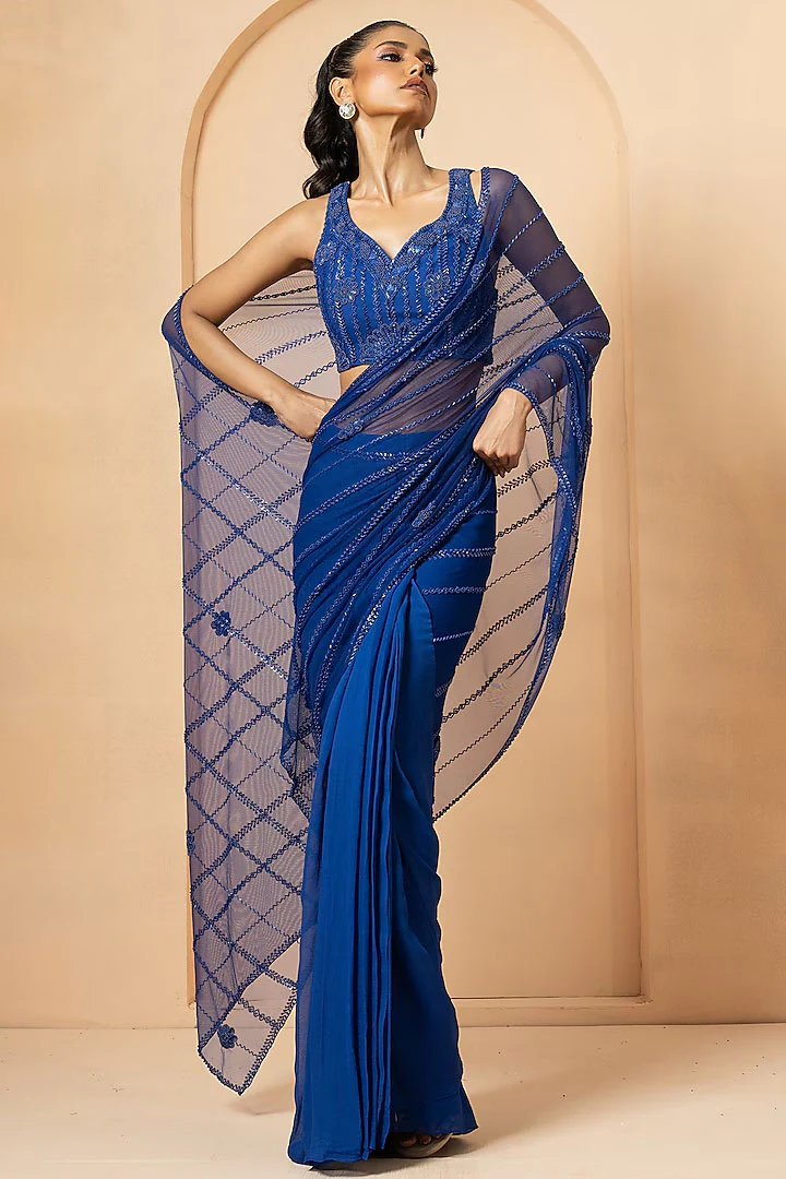 Blue Georgette Sequins Embroidered Pre-Stitched Saree Set
