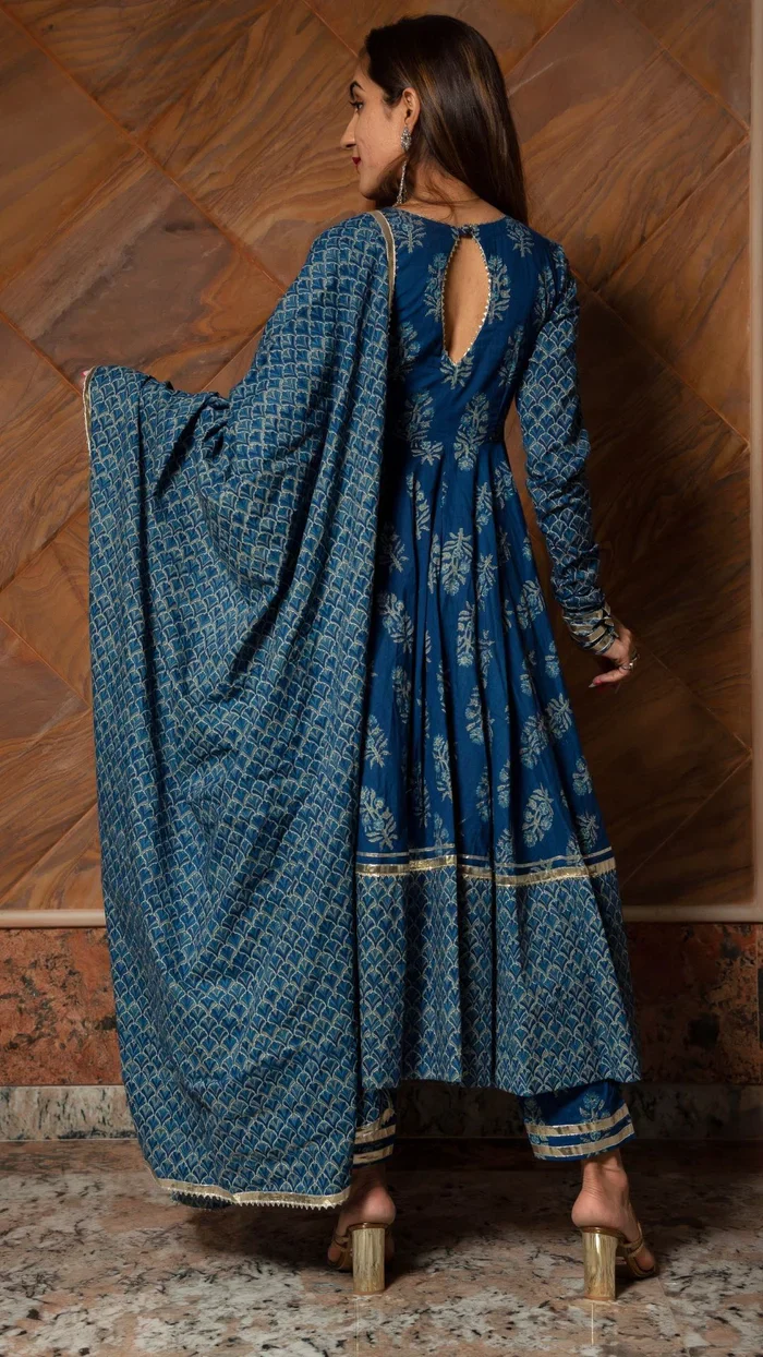 Blue hand block cotton anarkali set - Image 2