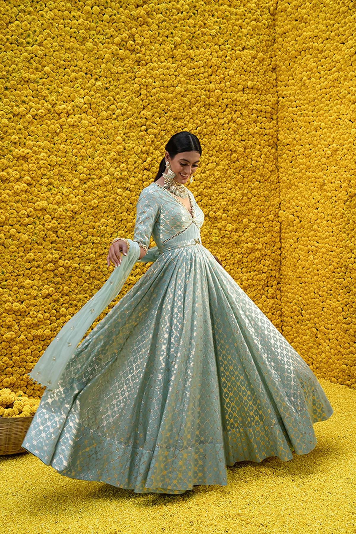 Blue Heer Banarasi Chanderi Anarkali Set - Image 3