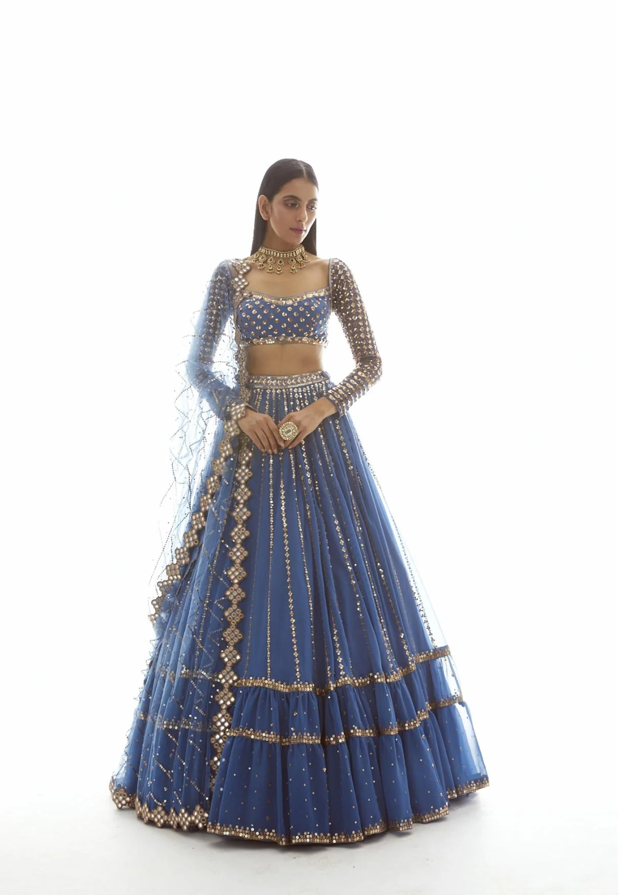 Blue Linear Drop Lehenga Set - Image 4