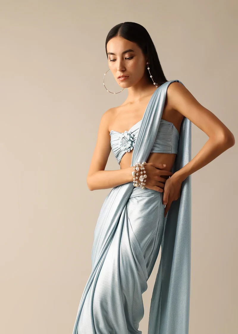 Blue Metallic Ruched Blouse with Pre-Stitched Saree - Image 5