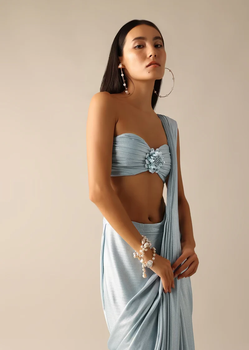 Blue Metallic Ruched Blouse with Pre-Stitched Saree - Image 6