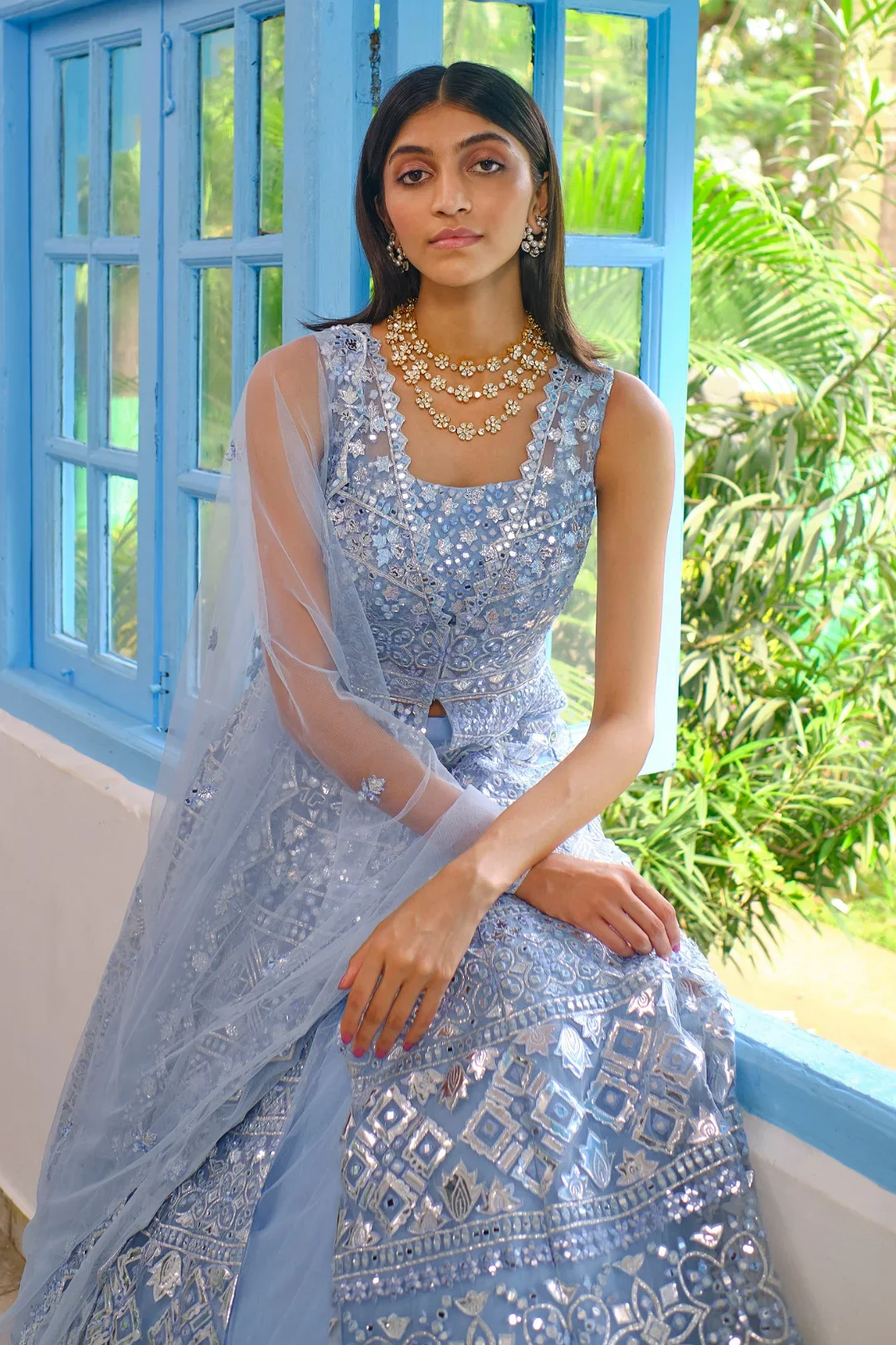 Blue Mirror Jacket Lehenga - Image 3