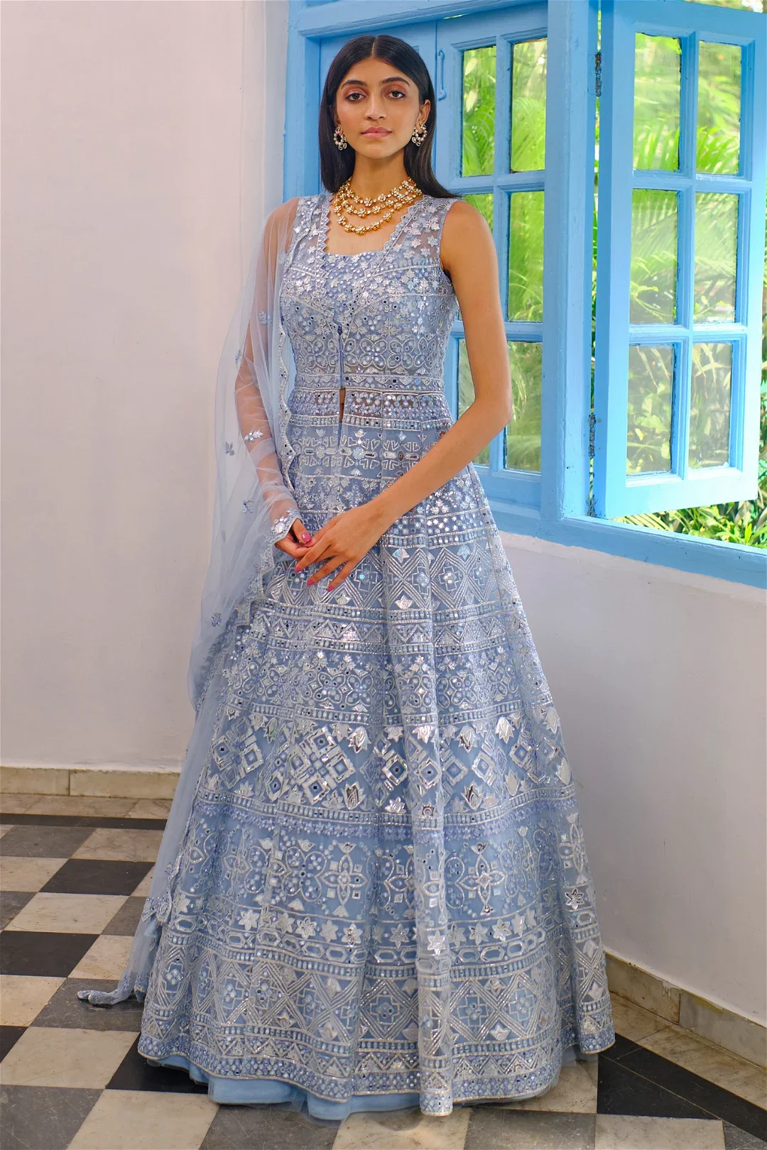 Blue Mirror Jacket Lehenga - Image 4
