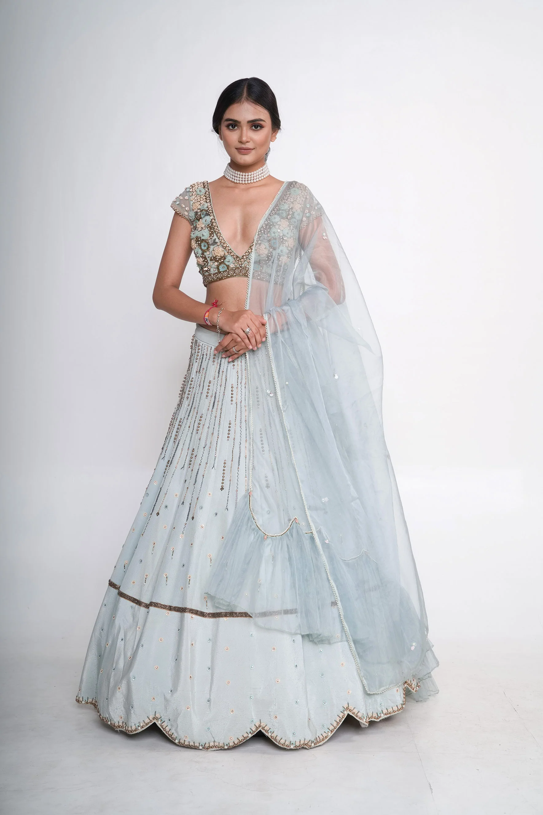 Blue Organza Silk Scalloped Hem Lehenga Set